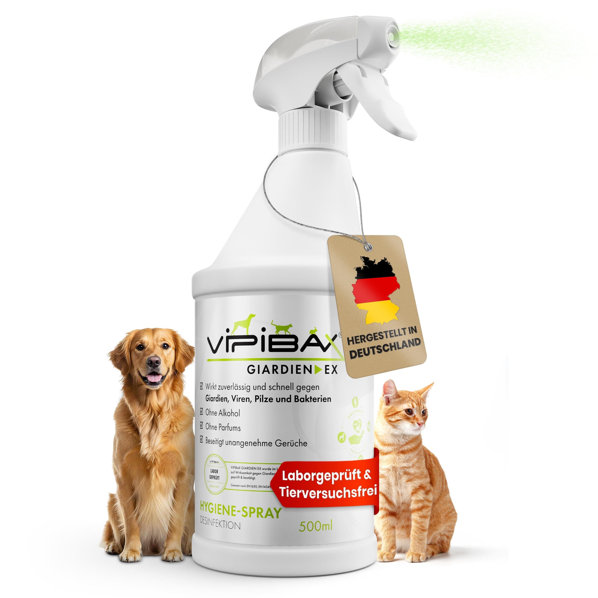ViPiBaX Giardien EX Hygiene-Spray für Hund, Katze & Co - Geruchsentferner - Hygiene-Spray - Effektive Desinfektion gegen Giardien, Viren, Pilze & Bakterien - 500ml Basic