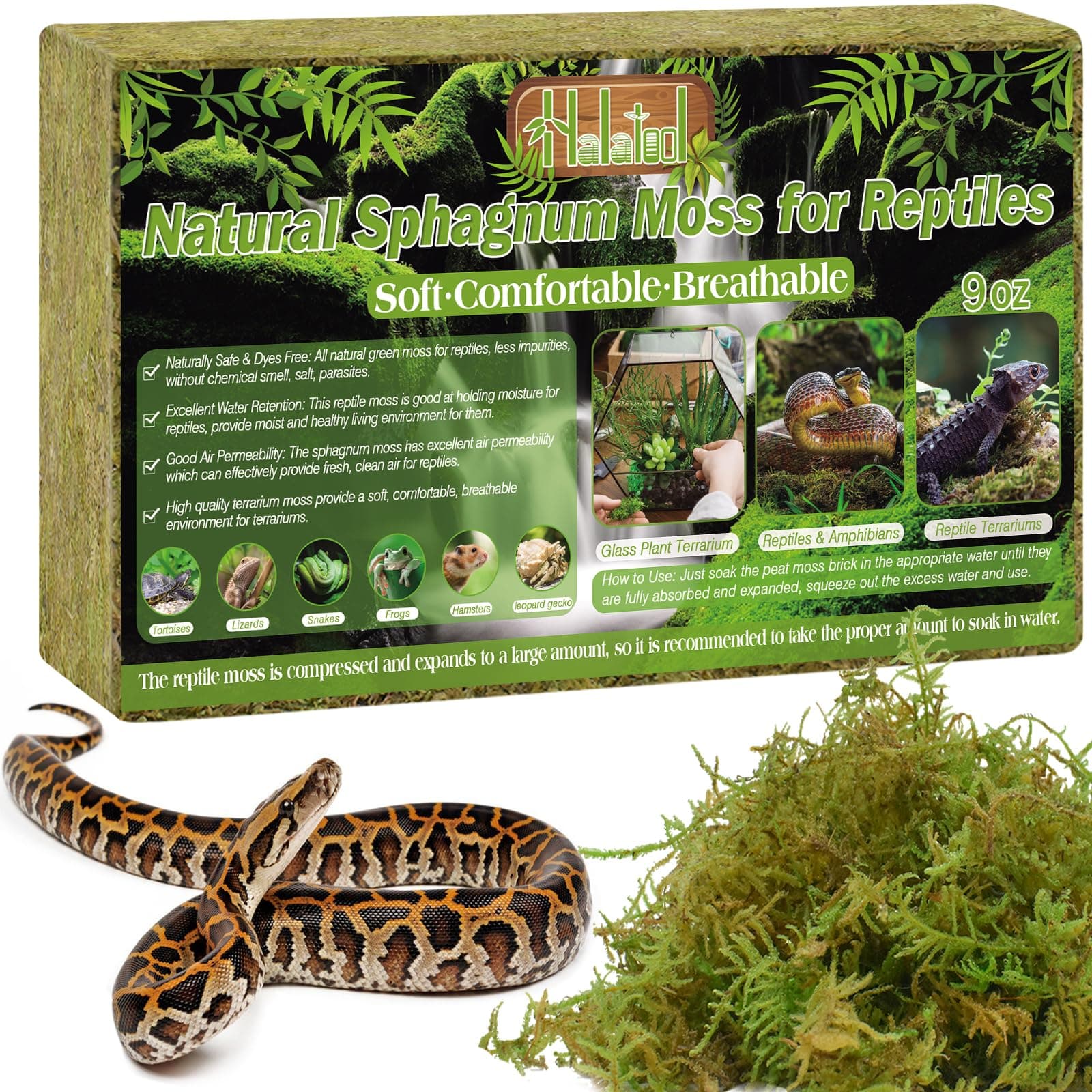Halatool 260g Premium Grünes Moss,Natural Terrarium Moss Brick für Reptiles (Leopardgecko, Schlangen, Hamster, Schildkröten, Frösche, Echsen, Salamander), Safe for Plants & Animals.