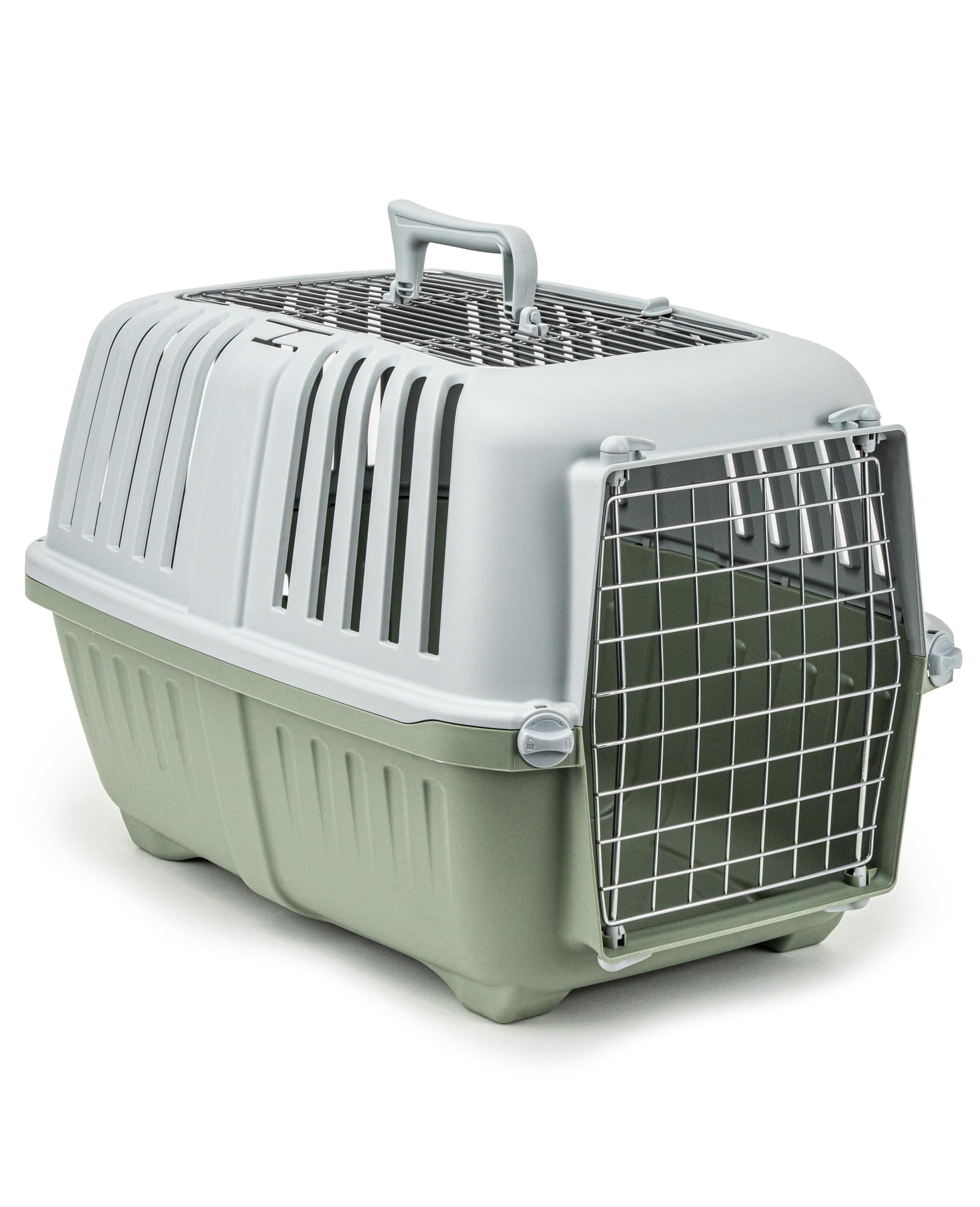 lionto Hundetransportbox aus Kunststoff mit Metallgitter, 58,5x35,5x40 cm, Transportbox mit praktischem Schließsystem & Tragegriff, auch geeignet für Katzen & Kleintiere, für Haustiere bis 15kg, grün Hellgrün
