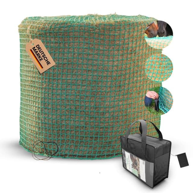 Farmilia® Heunetz für Pferde - Ideal für Rundballen bis ø190cm I Robustes Rundballennetz - UV-geschützt & wetterfest I Großes Heunetz inkl. Tragetasche - 45x45mm Maschen für langsames Fressen