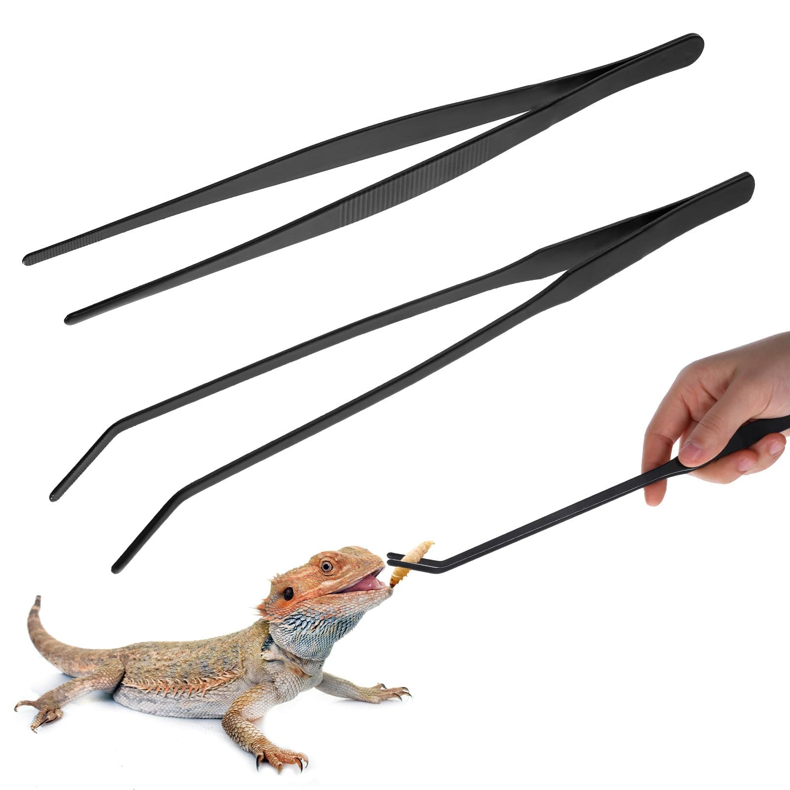 Lnngub 2 Stück Aquarium Pinzette Set, 25cm Gerade Pinzette und 27cm Gebogene Pinzette Set Lange Reptilien Futterpinzette aus Edelstahl Schützende Finger Pinzette für Reptilien, Wasserpflanze (Schwarz)