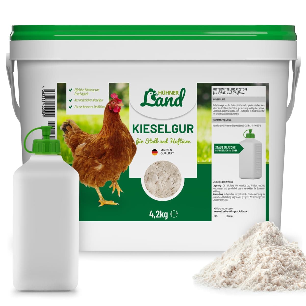 HÜHNER Land Kieselgur für Hühner 4,2kg INKLUSIVE Stäubeflasche - Reines Kieselgur Hühner Pulver, Kieselerde Pulver, Naturprodukt für Hühnerstall 4,2 kg