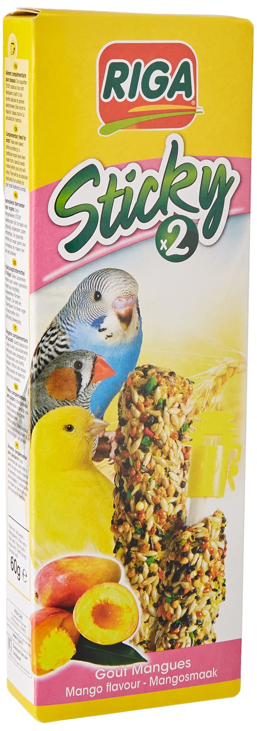 Riga - Sticky für Alle Vögel - Gebackene Sticks - Mischung aus Körnern, Getreide und Mango - Schachtel mit 2 Sticky Sticks, 60 g (1er Pack)
