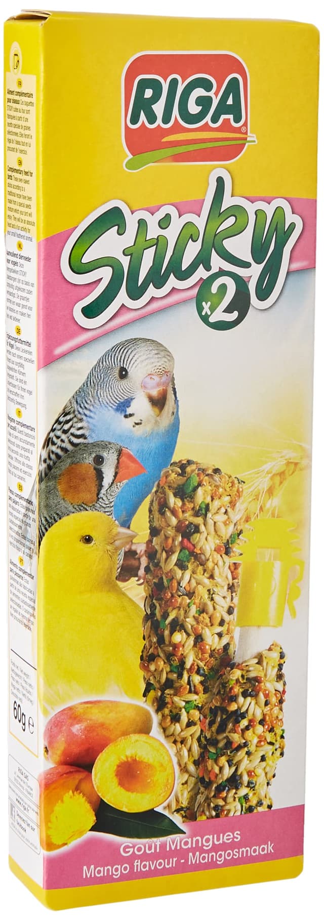 Riga - Sticky für Alle Vögel - Gebackene Sticks - Mischung aus Körnern, Getreide und Mango - Schachtel mit 2 Sticky Sticks, 60 g (1er Pack)