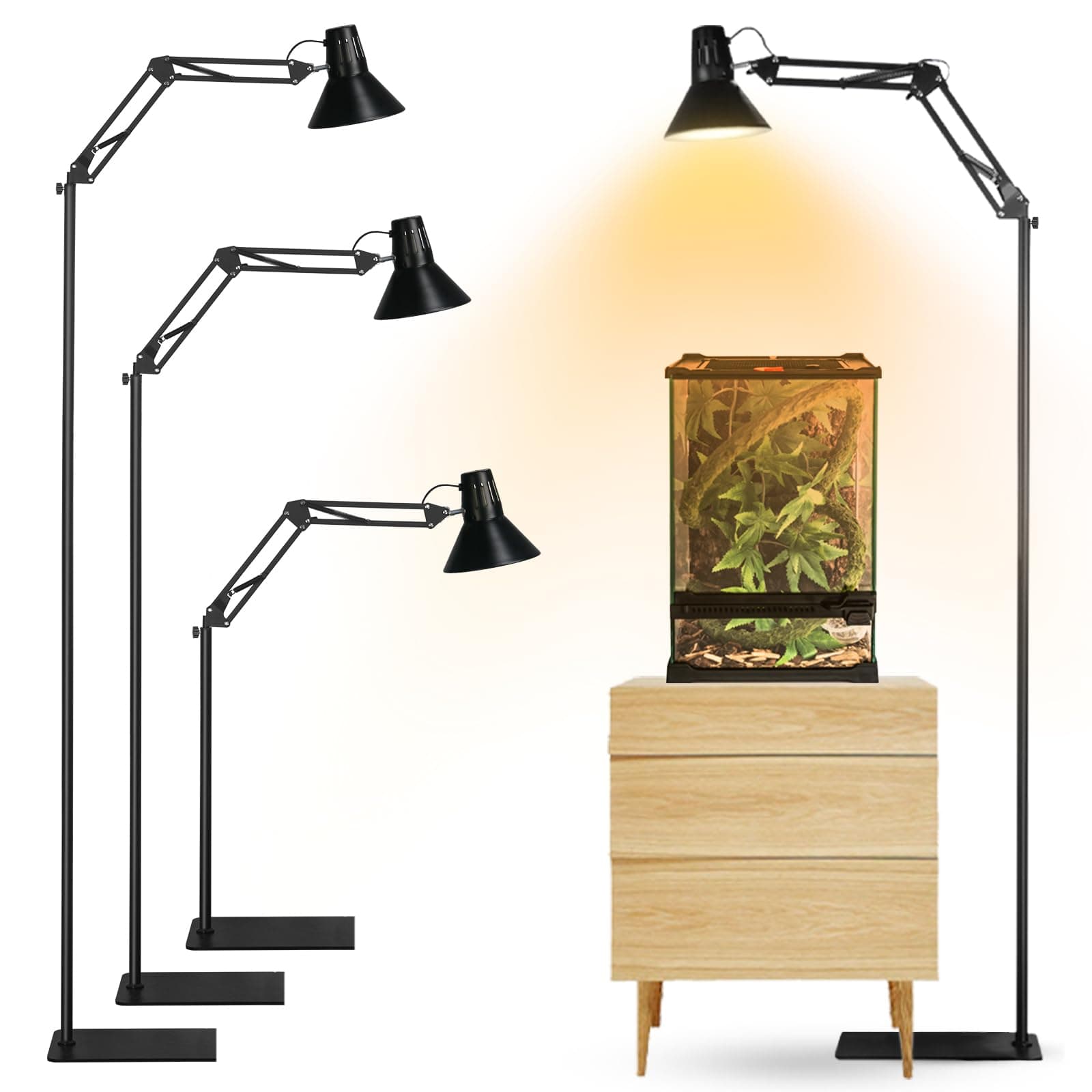 Tararium Hoch Reptilien Wärmelampenständer mit Lampenschirm, Verstellbarer Schwenkarm Terrarium Lampe Halterung, E26/E27 Keramikfassung Bodenlichtständer für CRL-1200S Lamp Stand E26/E27