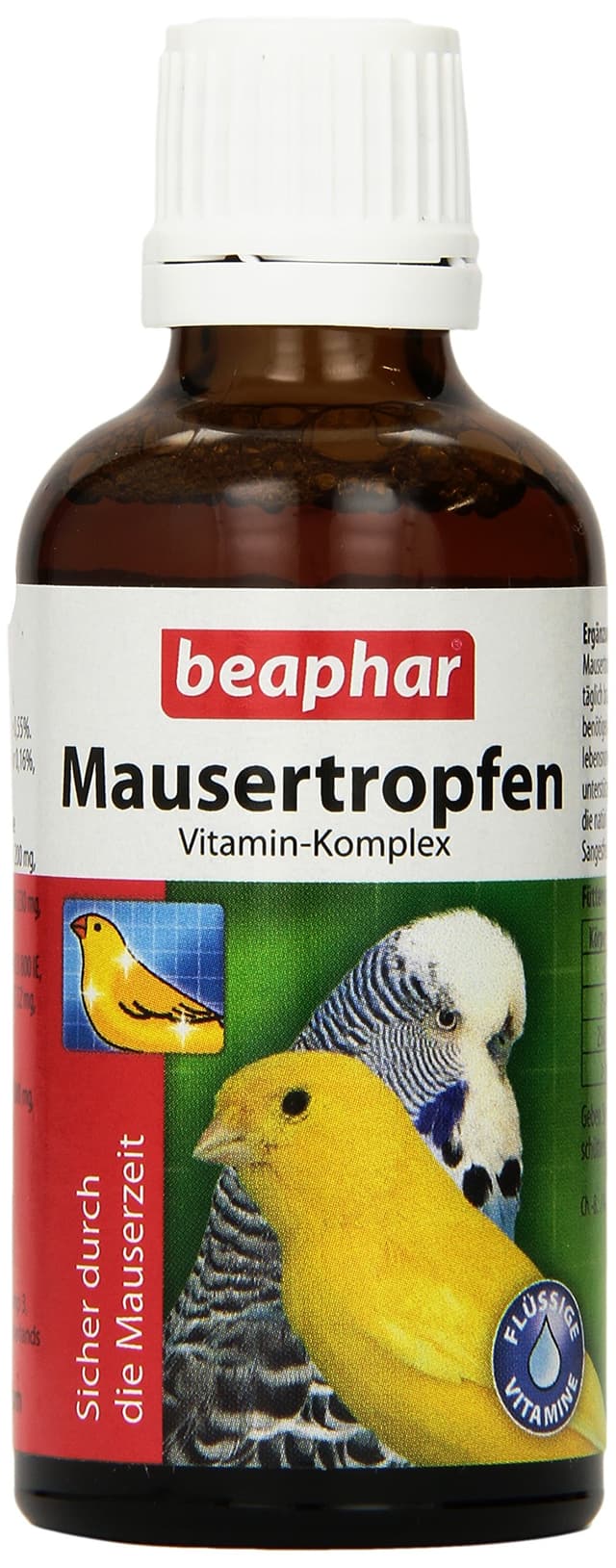 BEAPHAR - Mausertropfen Vitamin-Komplex - Nahrungsergänzungsmittel Für Vögel - Mit Vitamin A, C, D3, E, K, B-Komplex - Unterstützt Natürliche Abwehrkräfte, Fördert Sprech- Und Sangesfreude - 50 ml