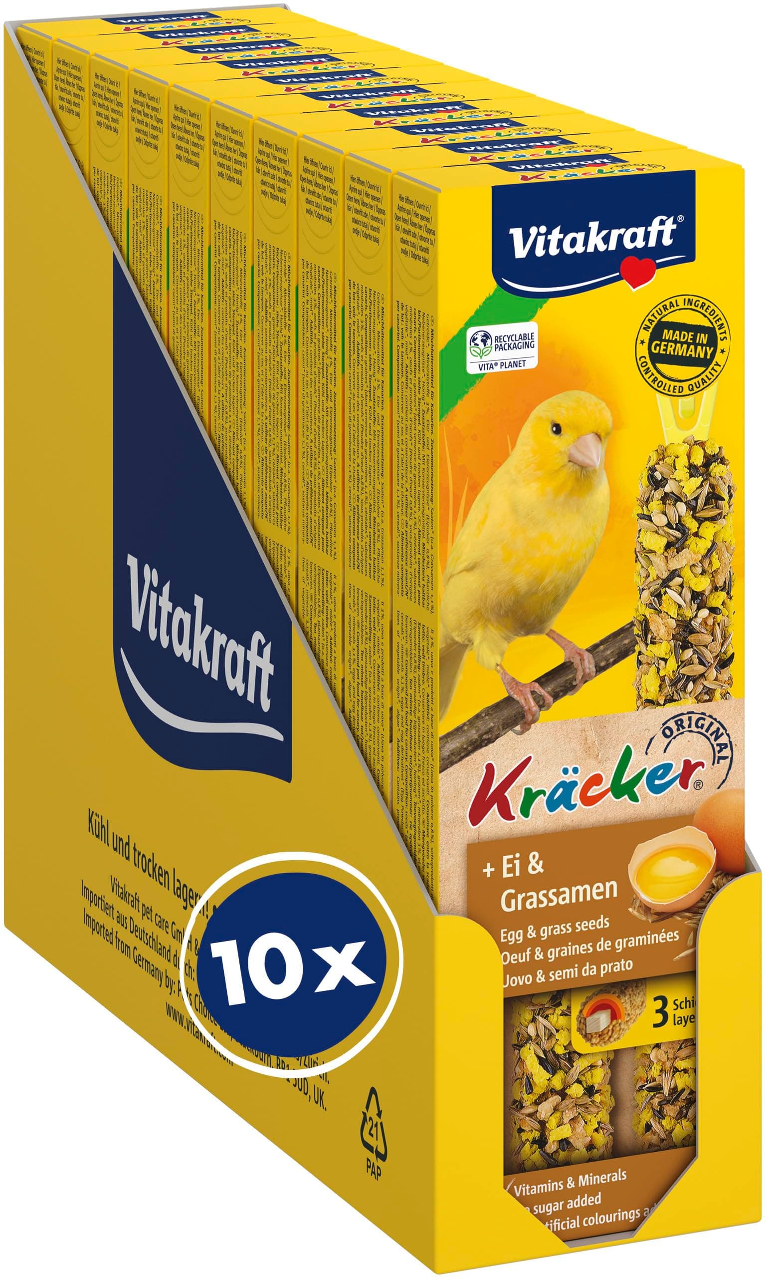 Vitakraft Kräcker, Knabberstangen für Kanarienvögel, mit Ei und Grassamen, mit Vitaminen und Mineralien, für langes Knabbervergnügen, ohne Zusatz von Zucker (10x 54g)