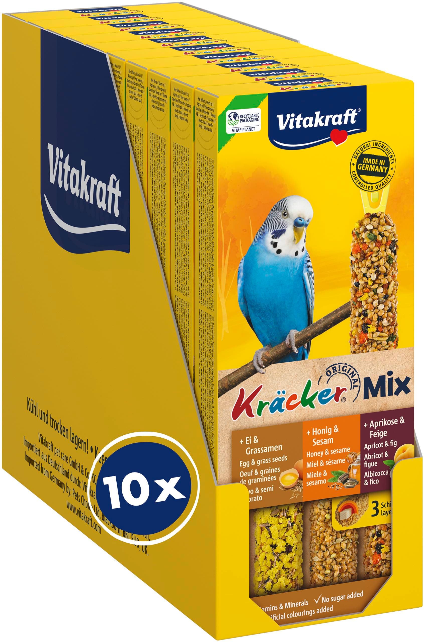 Vitakraft Kräcker Mix, Vogelsnack, Knabberstangen, mit Ei und Grassamen, mit Aprikose und Feige, mit Honig und Sesam, zur Schnabelpflege, ohne Zusatz von Zucker (10x 80g)