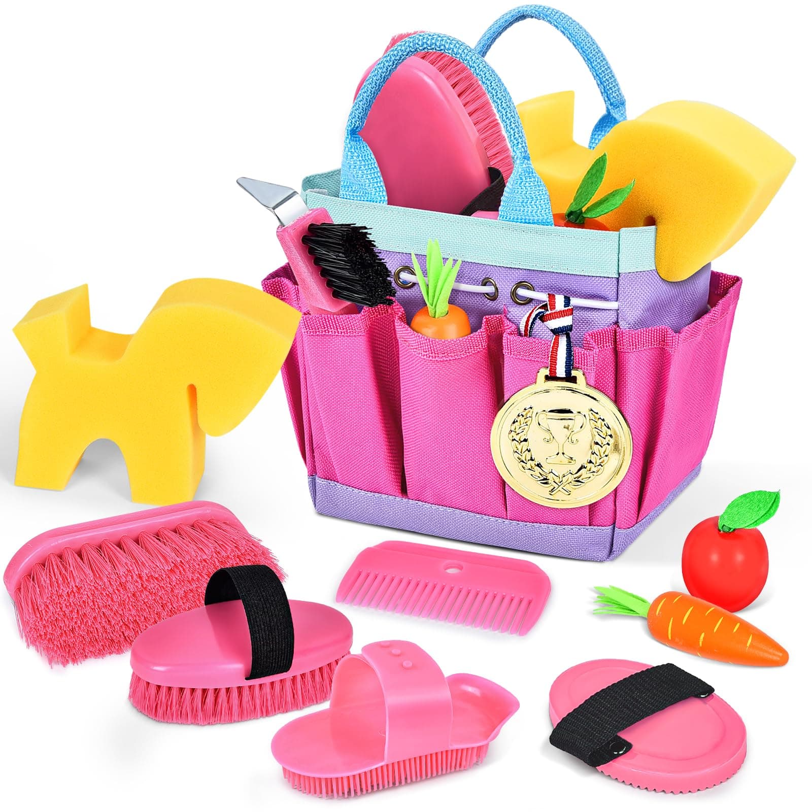 Joellfuner Pflegeset für Pferde mit Tasche, Spielzeug Putzzeug Pferde für Kinder, Zubehör für Pferde Spielzeug Rosa mit Kardätsche, Massagebürste, Mähnenkamm, Hufkratzer, Pferdchenschwamm