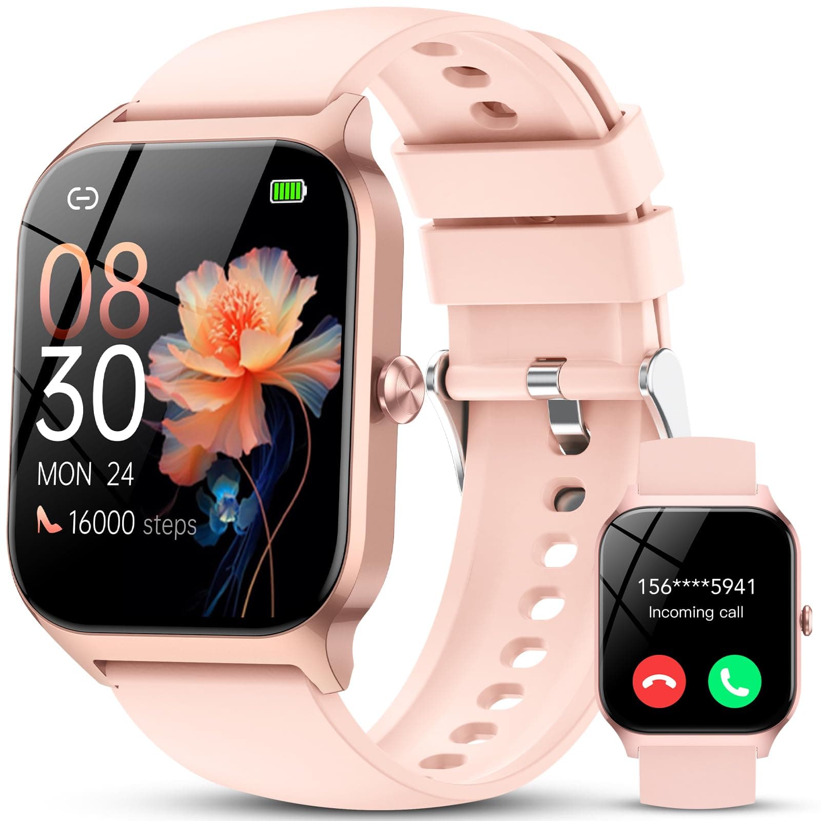 CASCHO Smartwatch Damen Herren, 1.85" HD Smart Watch, 115+ Modi, Fitness Tracker mit Bluetooth Telefonie, IP68 Wasserdicht Schrittzähler Uhr mit bis zu 30 Tage Standby für iOS und Android,Rosa Rose
