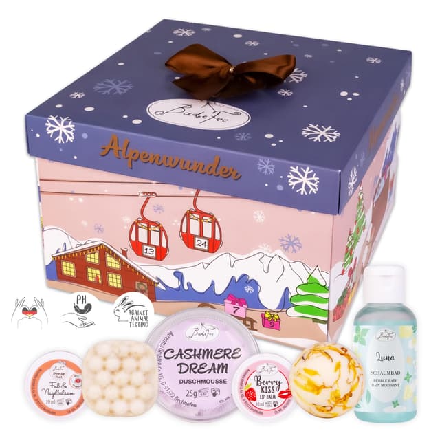 BadeFee Beauty Adventskalender für Frauen "Alpenwunder" 2025, 24 ausgewählte Kosmetikprodukte: Duschmousse, Deocreme, Handcreme uvm. – ohne Silikone, Weihnachtskalender handgemacht in Deutschland