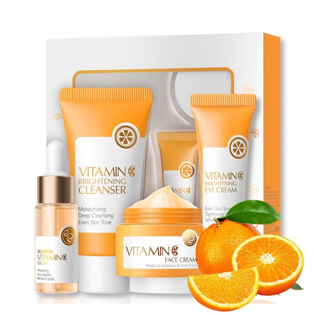 Vitamin C Travel Skincare Set Teenager-Mädchen und Frauen, Anti-Aging Hautpflege Set, 4-tlg Reisegröße Geschenksets Gesichtspflege Routine Set mit Reiniger Serum Gesichtscreme Augencreme (Set B)