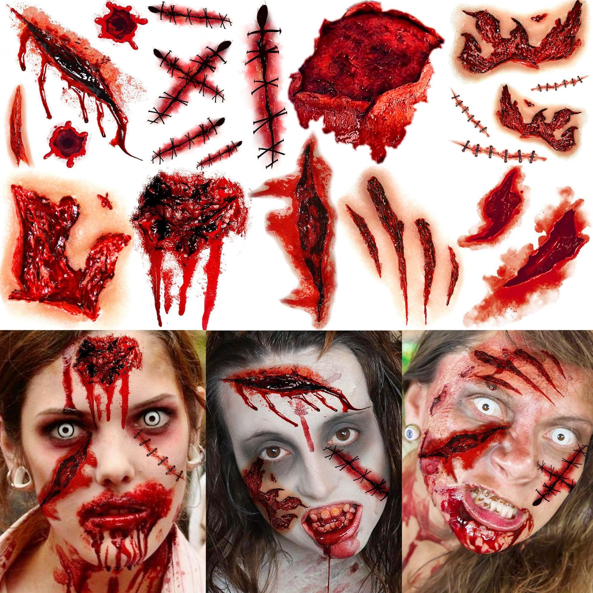 9 Blatt Halloween Fake Narben Tattoos Damen Herren Erwachsene, Fake Wunde Blut Verletzung Schnitt Kratzer Stiche Temporäre Tattoos Aufkleber, Vampir Gesicht Halloween Zombie Make Up Kit Zubehör FakeNarben