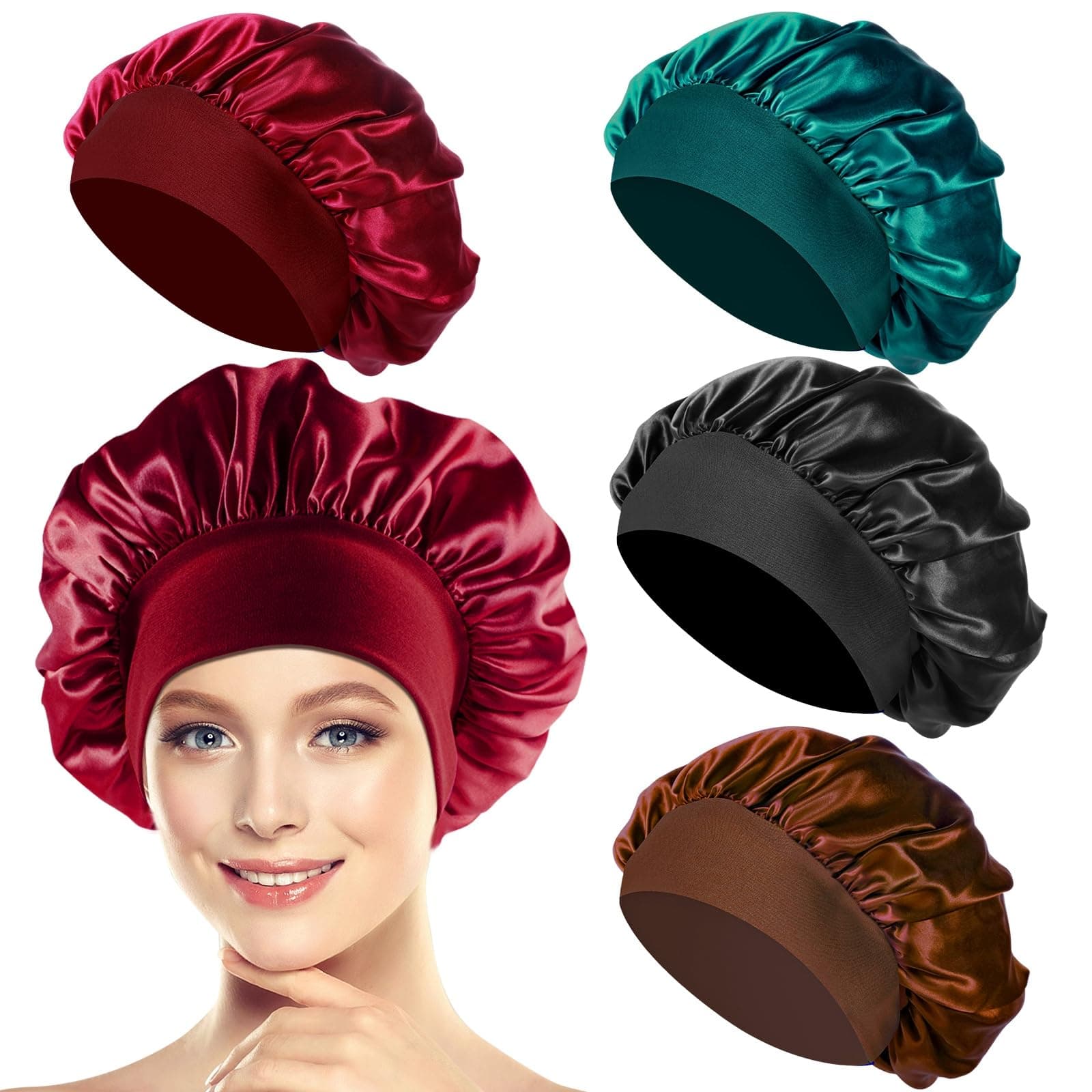 4 Stück Seidenhaube zum Schlafen, Schlafhaube Seide Weiche Satin Haarhaube für Damen, Silk Bonnet Atmungsaktive Haarhaube für die Nacht (Schwarz,Rot,Cyan,Kaffee)