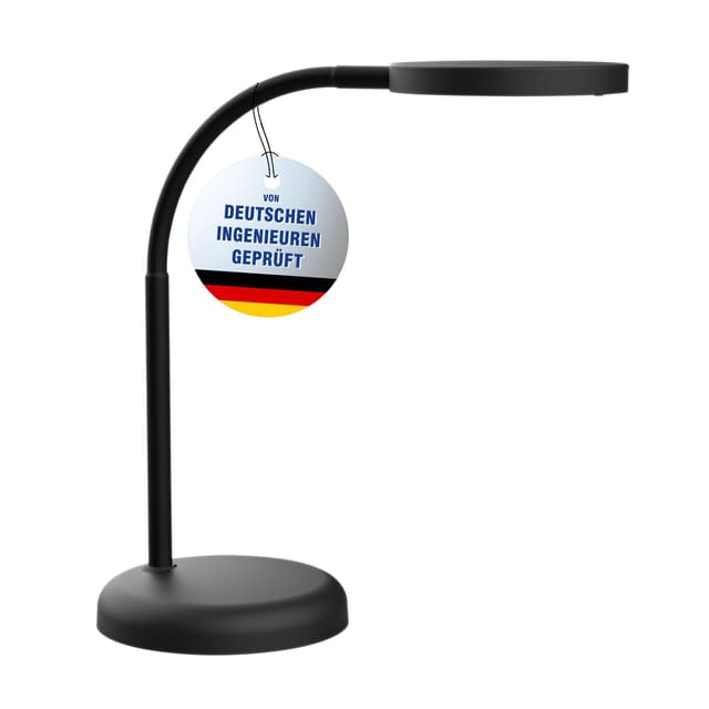 MAUL Schreibtischlampe LED MAULjoy | Kleine Schreibtischlampe mit Standfuß | Moderne Tischlampe für Schreibtisch, Büro | Flexible LED Lampe mit 3000K warmweißem LED Licht | Schwarz Modern 33,5 cm (Höhe) Schwarz