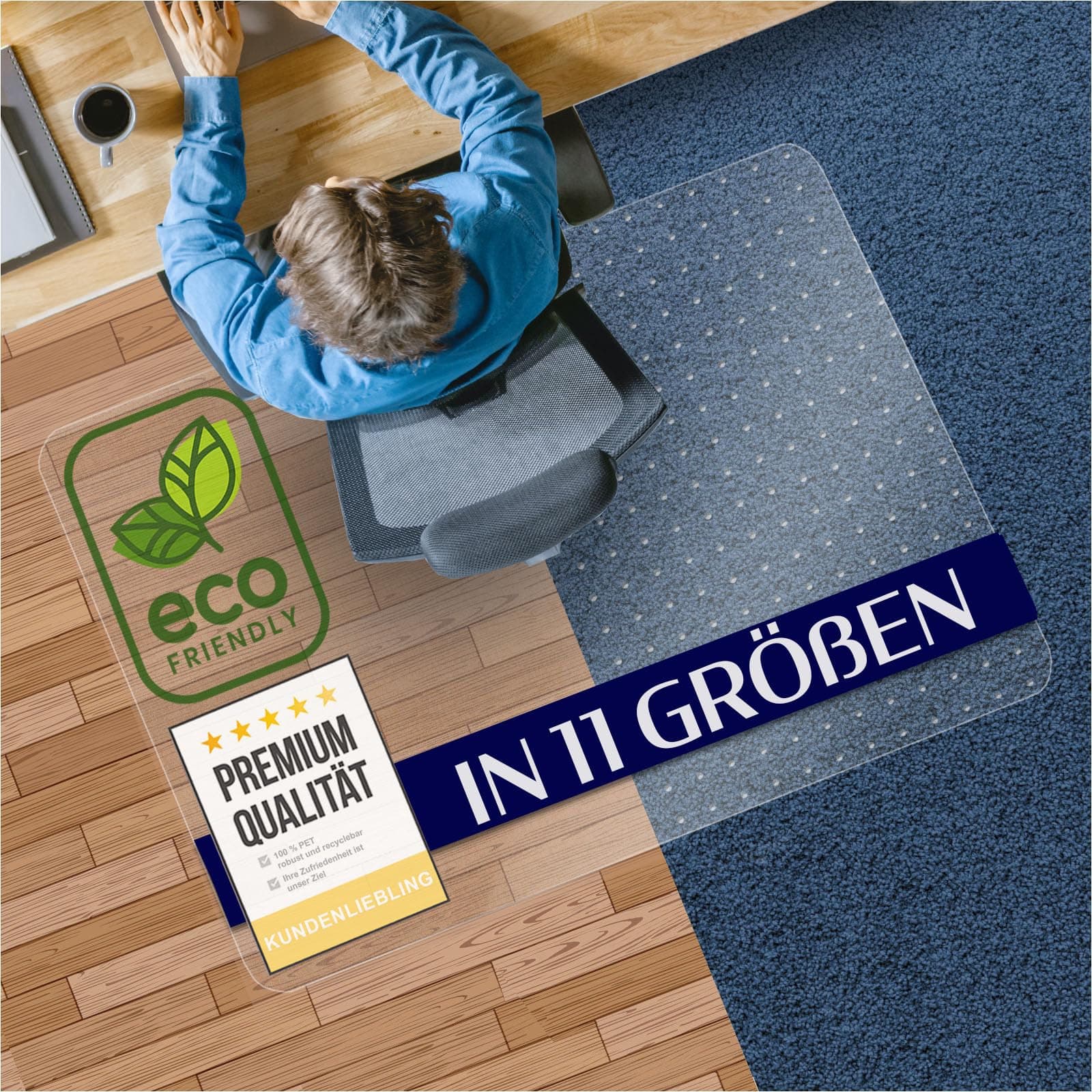 Bodenschutzmatte aus PET - transparente Schutzmatte für Hartböden - 100% recyclebar - nachhaltige Bürostuhlmatte - vielseitige Unterlage als Bodenschutz für Büro und Zuhause - 90x120 cm 90x120 cm Hartboden