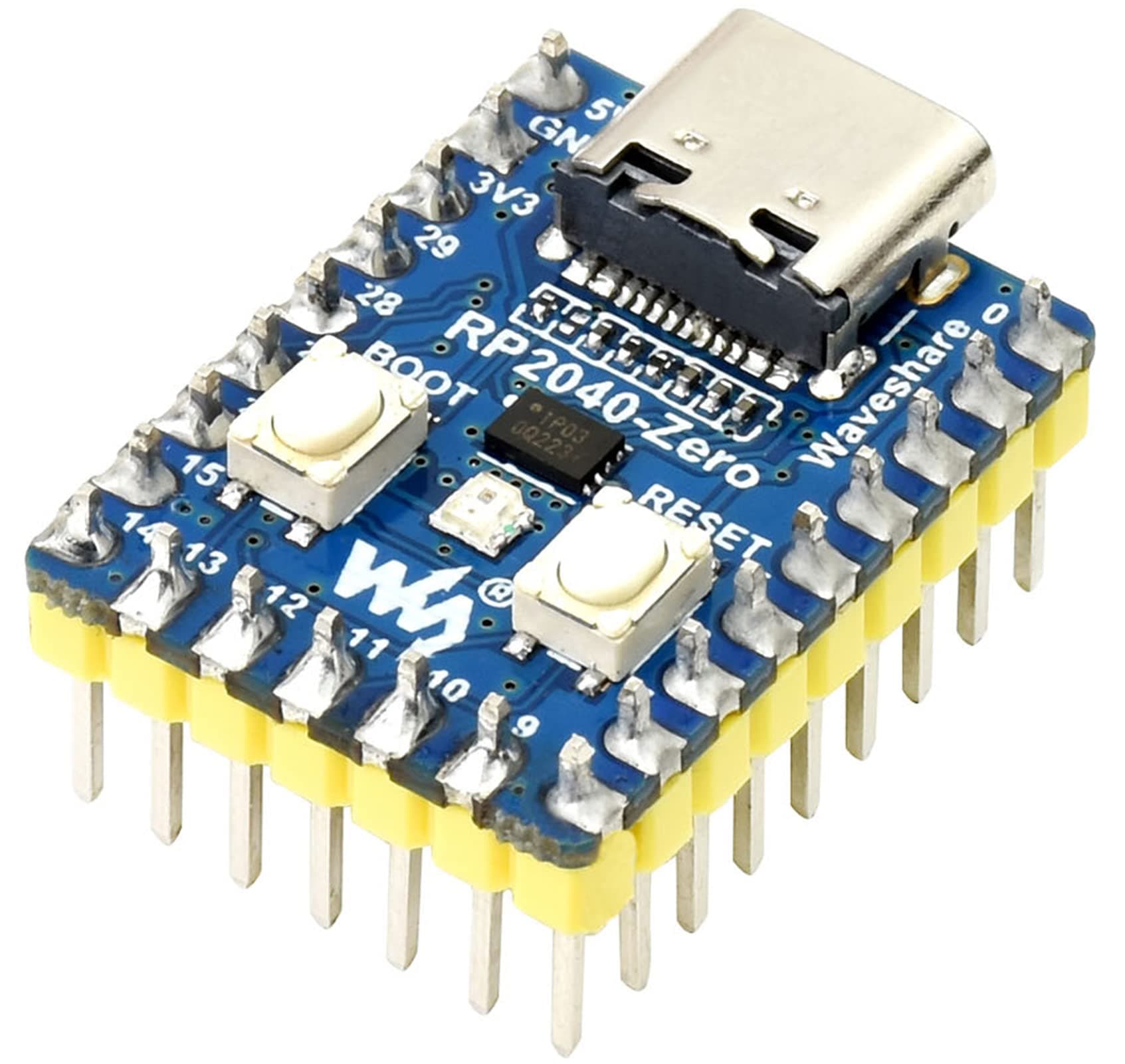 Waveshare RP2040-Zero Board mit Pin Header, Basierend auf Raspberry Pi MCU RP2040, Dual-Core Arm Cortex M0+ Prozessor, Flexibler Takt mit bis zu 133 MHz, Onboard 2MB Flash, USB-C Anschluss RP2040-Zero mit Pinheader