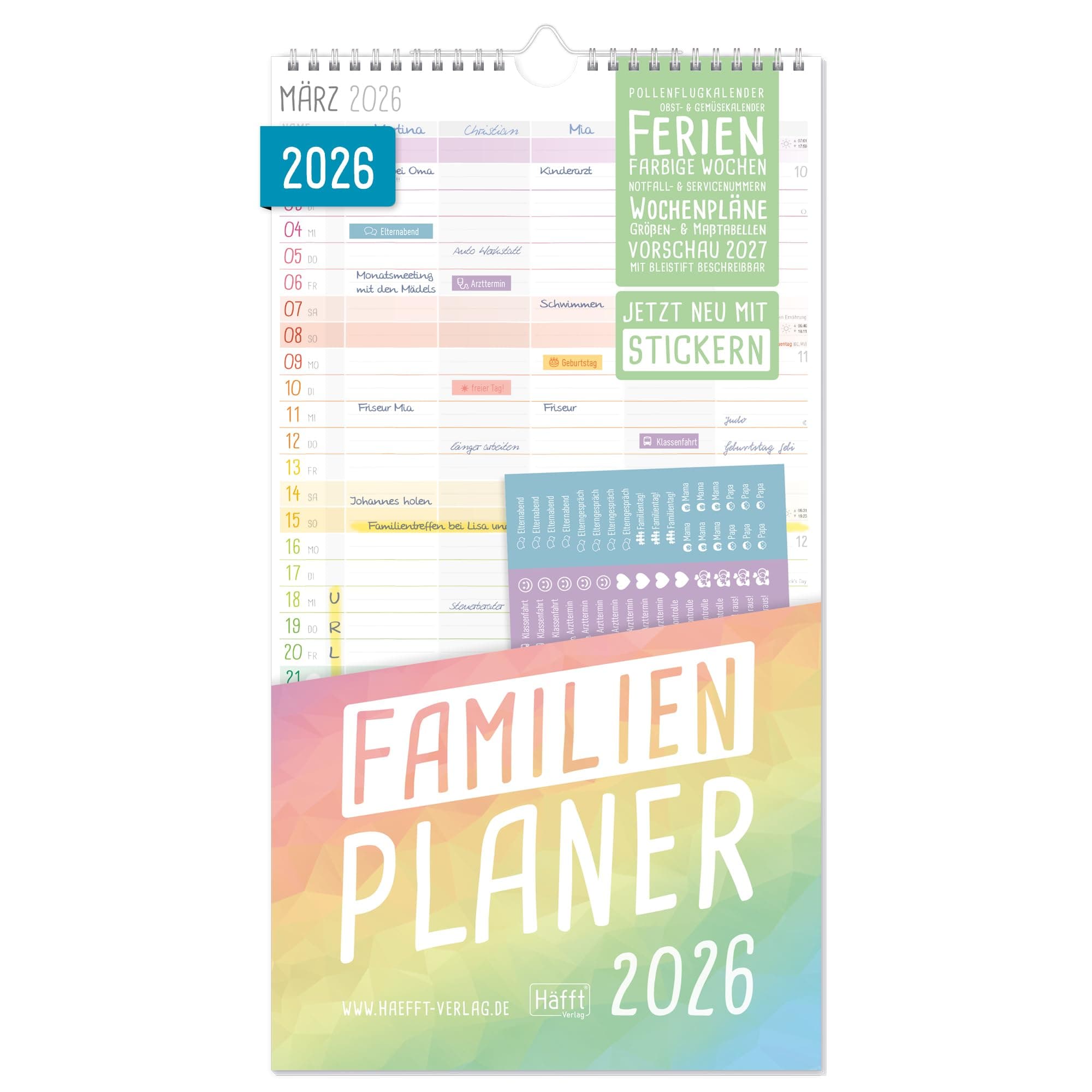Häfft® Familienplaner 2026 mit 5 Spalten "Rainbow" 22,5 x 42,1 cm, Wandkalender 2026 mit Sticker, Familienkalender Wandplaner: Ferientermine & viele Zusatzinfos - nachhaltig & klimafreundlich