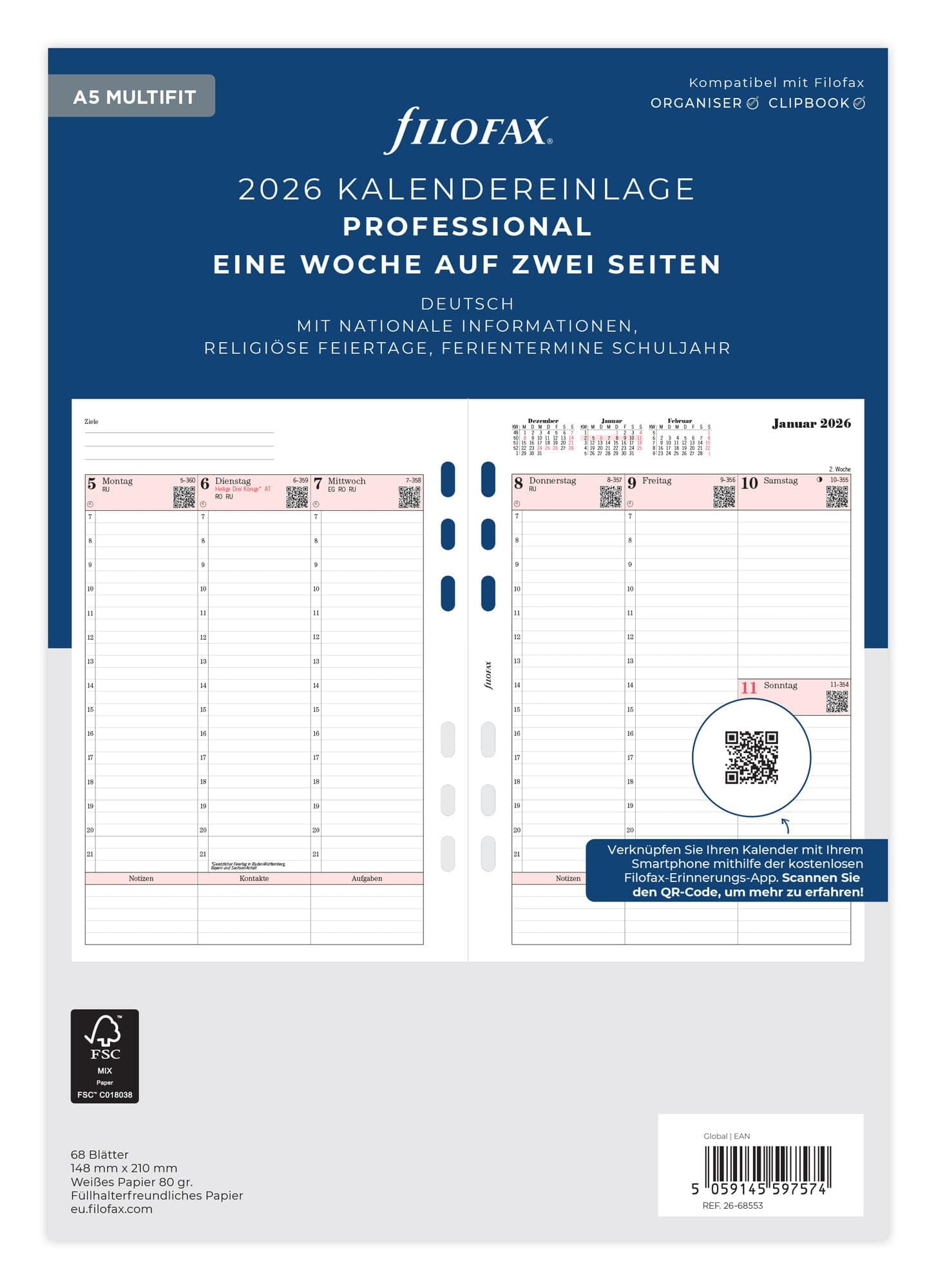 Filofax Kalender A5 Prof.1 Woche auf 2 Seiten (deutsch)2026