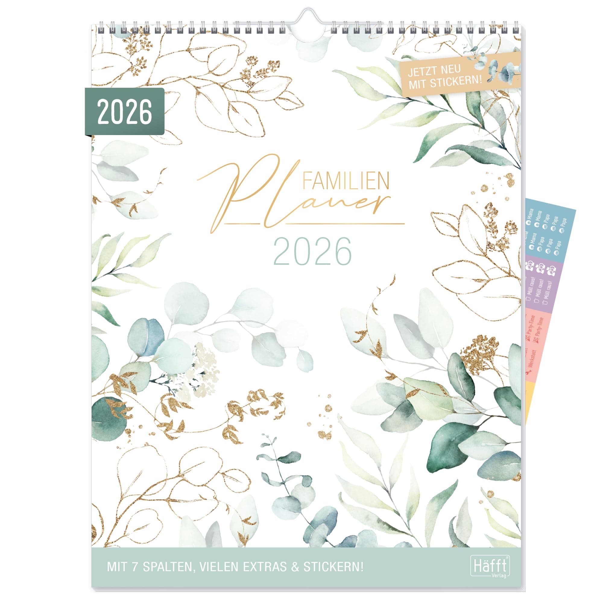 Häfft® Familienplaner XXL 2026 Wandkalender 7-spaltig mit Sticker "Blattgold" 33,1 x 44,6 cm, Familienkalender Wandplaner für 12 Monate: Jan bis Dez 26 - nachhaltig & klimafreundlich