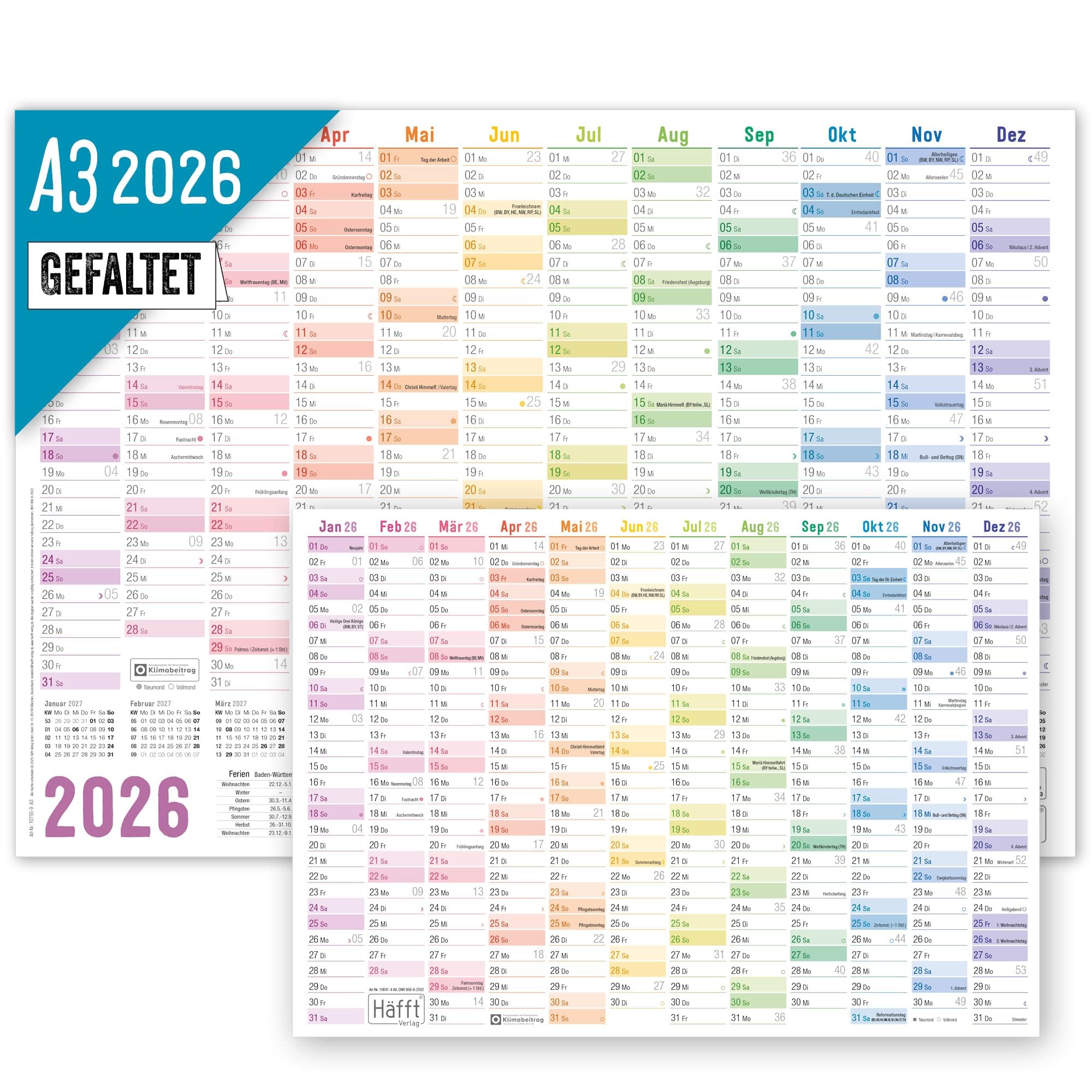Häfft® Wandkalender 2026 A3 gefalzt (42 x 29,7 cm) "Rainbow" Wandplaner mit Ferien-Übersicht und Feiertagen + gratis A4-Kalender - nachhaltig & klimafreundlich