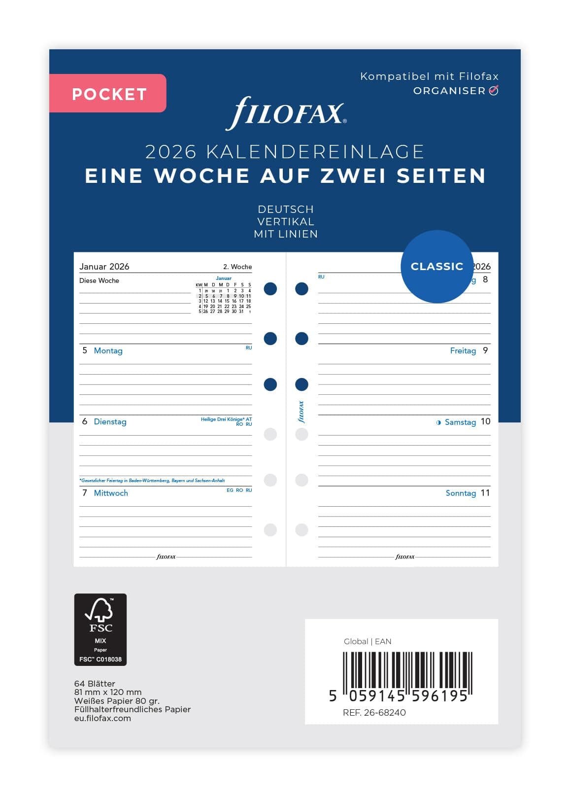 Filofax Kalender Pocket 1 Woche auf 2 Seiten vertikal (deutsch)2026