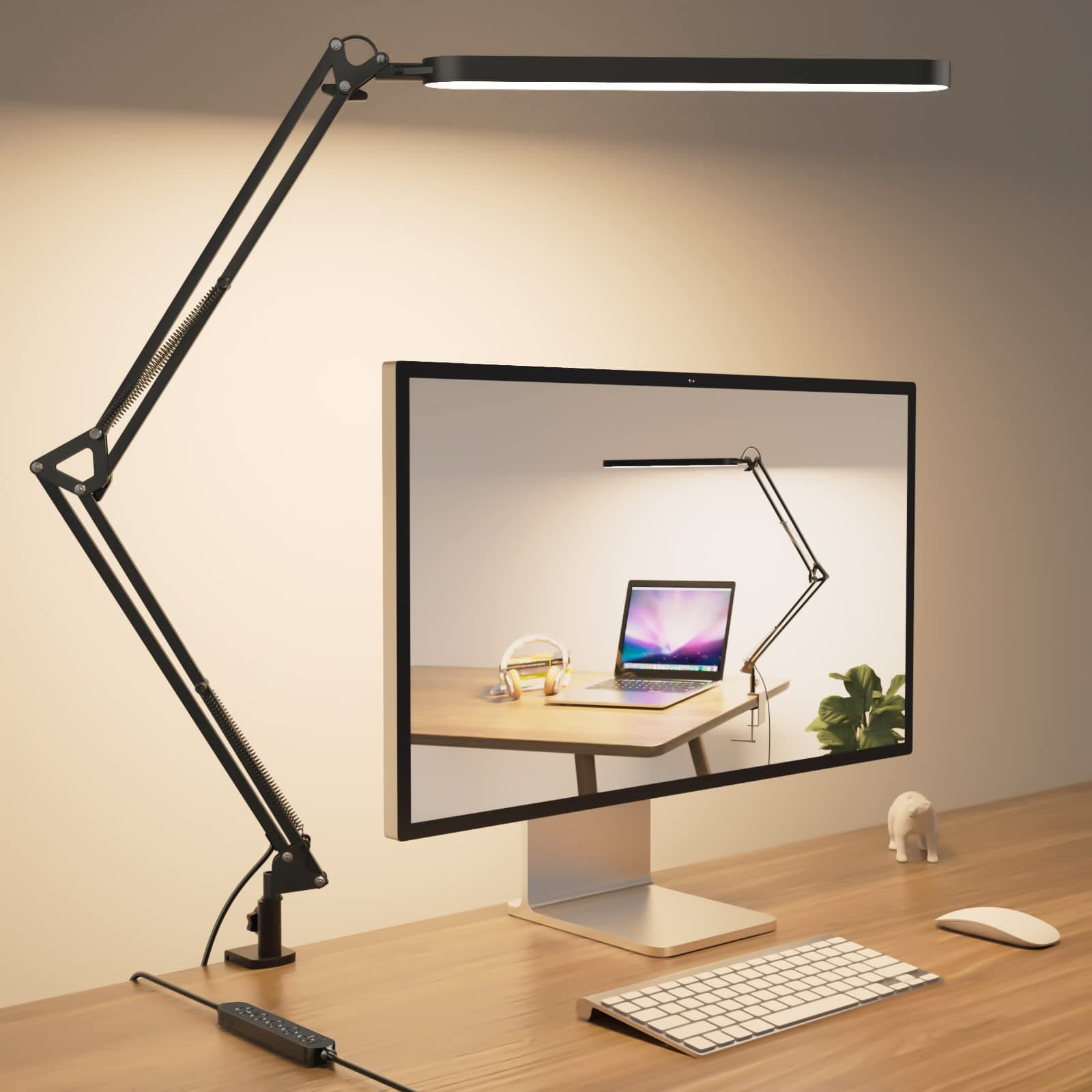 SKYLEO Schreibtischlampe LED – 80cm Schreibtisch Lampe – 5 Farbmodi x 11 Helligkeitsstufen – Verstellbarer Schwenkarm – Timmer und Speicherfunktion – 12W Desk Lamp – Schwarz Schwarz Schwinghebel