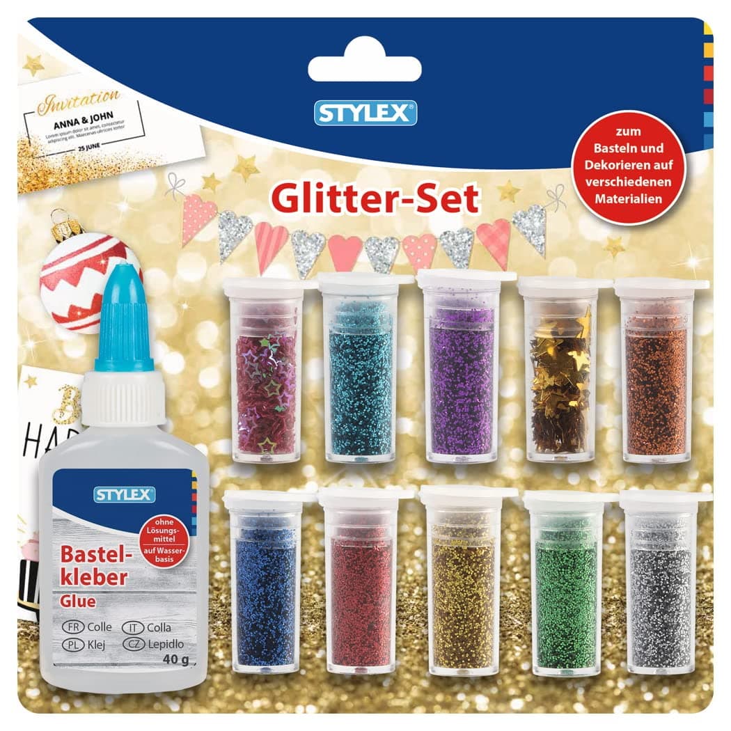 Stylex 23386 - Glitter-Set, 11 teilig, mit 8 Döschen Glitterpulver, 2 Döschen Streudeko und 1 Flasche Bastelkleber, zum Basteln und Dekorieren, Mehrfarbig