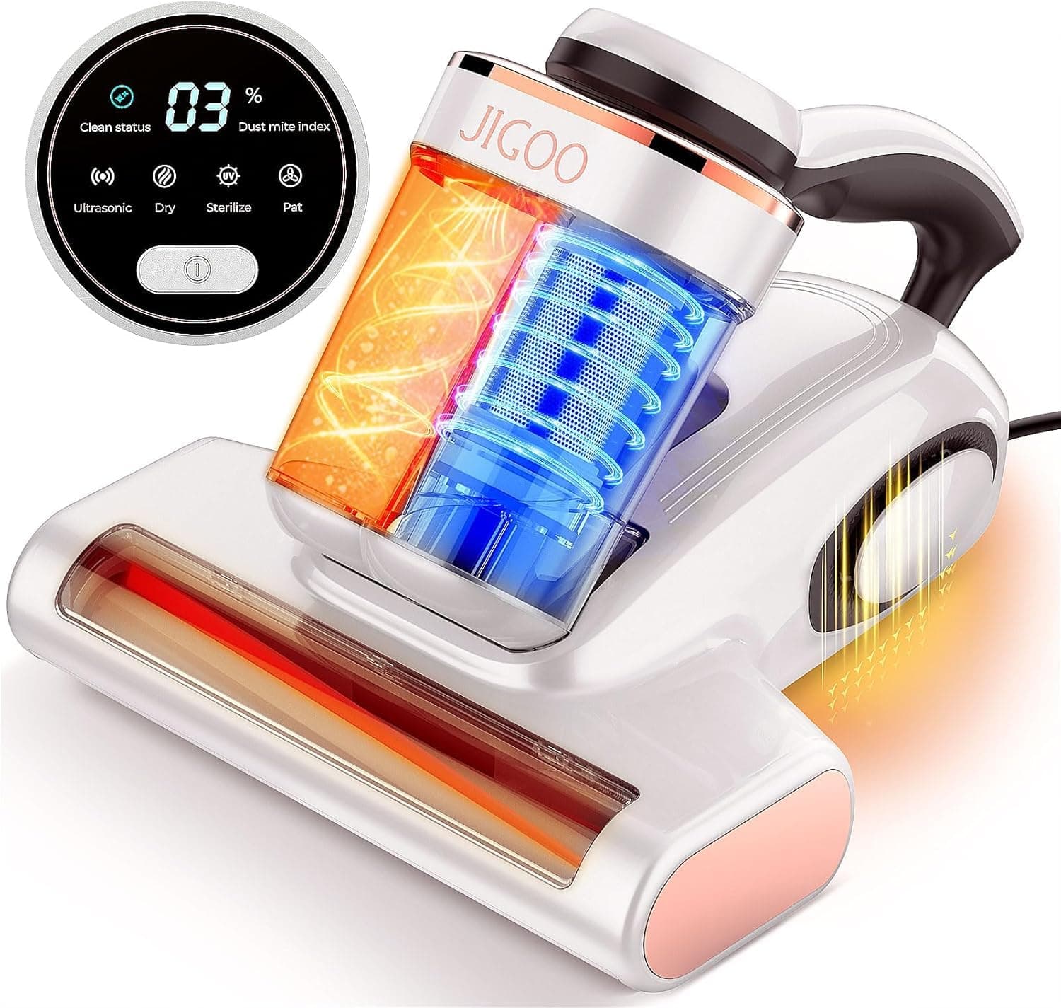 JIGOO J300 Milbensauger mit Staubmilben-Sensor und mit UV-Licht, 500W Milbenstaubsauger mit Intelligente LED-Anzeige, Für Allergiker, entfernt 99,9% Allergene, Für Matratzen, Betten und Sofas