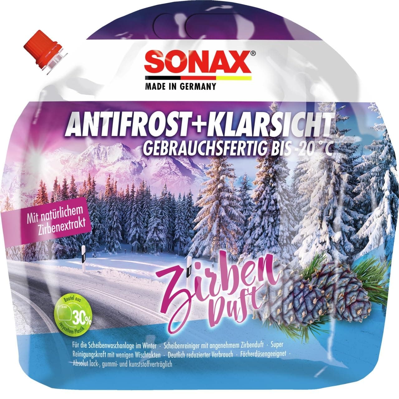 SONAX AntiFrost+KlarSicht Zirbe Gebrauchsfertig bis -20°C (3 Liter) schneller, schlierenfreier & effektiver Scheibenreiniger für den Winter | Art-Nr. 01314410