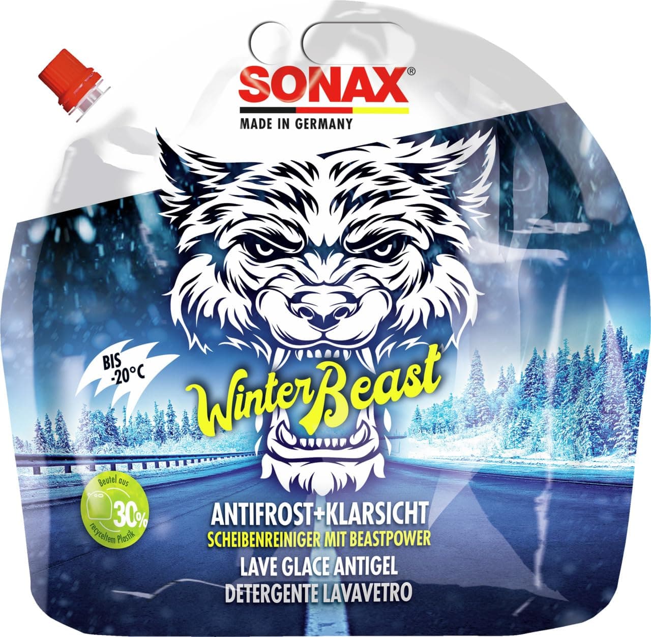 SONAX WinterBeast AntiFrost+KlarSicht Gebrauchsfertig bis -20 °C (3 Liter) schneller, schlierenfreier & effektiver Scheibenreiniger für den Winter, Art-Nr. 01354410