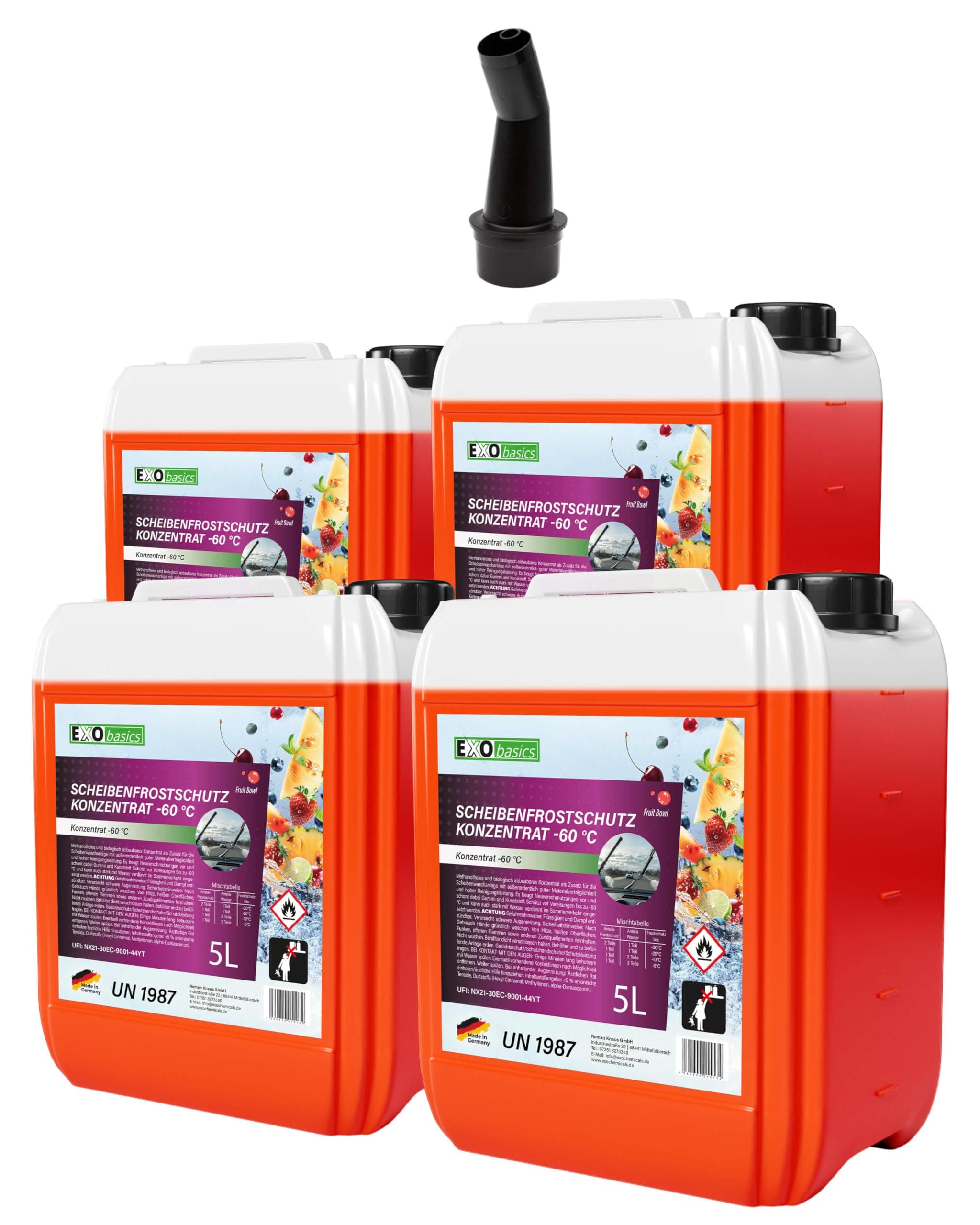 EXO Scheibenfrostschutz Konzentrat bis -60 °C (4x5 L) inkl. Auslaufhahn 45 mm | Scheiben-Enteiser Anti-Frost | Duft: Fruity Bowl 20 L