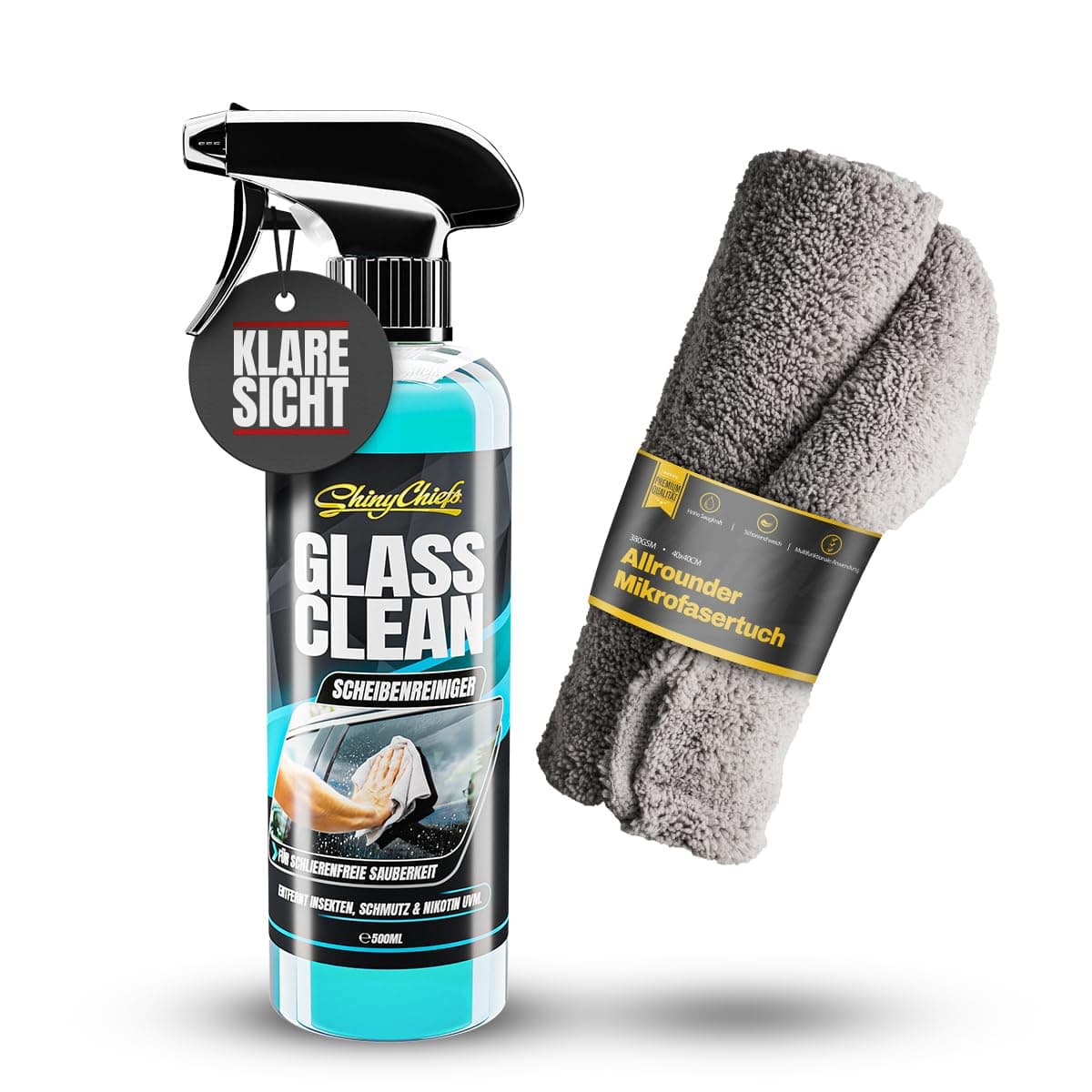 ShinyChiefs GLASS CLEAN SET- Auto-Glasreiniger für streifenfreie Reinigung - Schonender Scheibenreiniger für innen & außen mit hoher Schmutzlösekraft - Glasreinigerspray & Mikrofasertuch, 500ml 1x 500ml, Microfasertuch