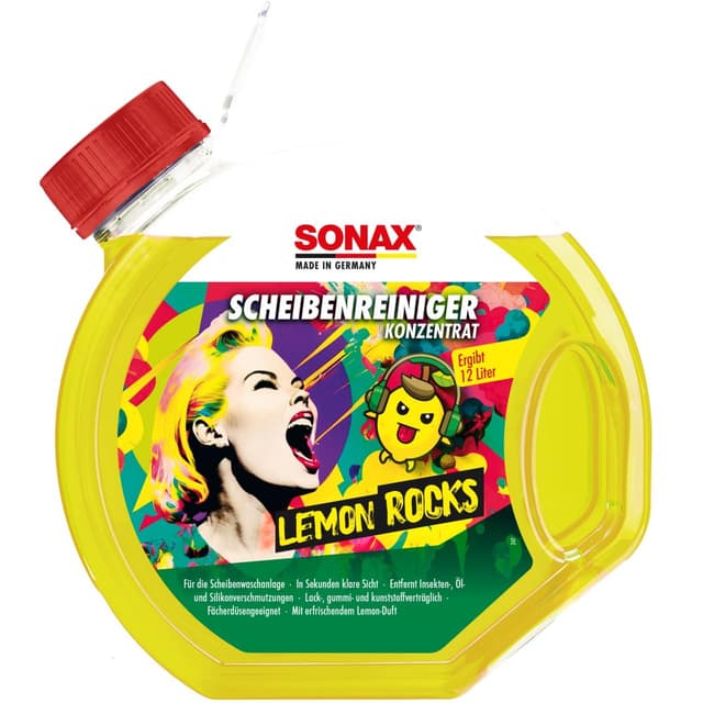 SONAX ScheibenReiniger gebrauchsfertig Lemon Rocks (3 Liter) entfernt Insekten-, Öl-, Silikon- und typische Straßenverschmutzungen | Art-Nr. 01604000 SONAX ScheibenReiniger gebrauchsfertig Lemon Rocks 3 l (1er Pack)