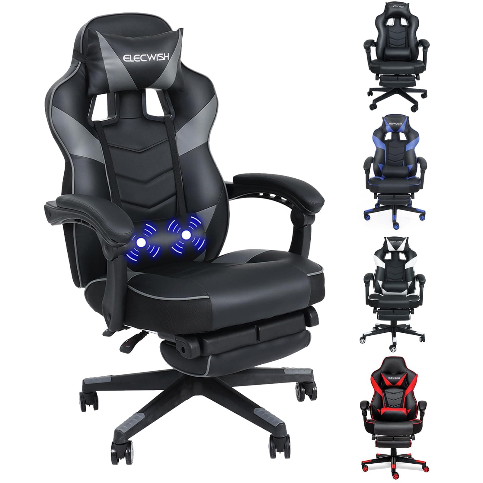 Fullwatt Gaming Stuhl, Bürostuhl Ergonomisch Racing Stuhl Massage Gamingstuhl mit Fußstütze 90-150° Rückenlehne Verstellbar, mit Abnehmbare Kopfstütze Lendenkissen, PU Leder Grau Grau & Schwarz, für Erwachsener