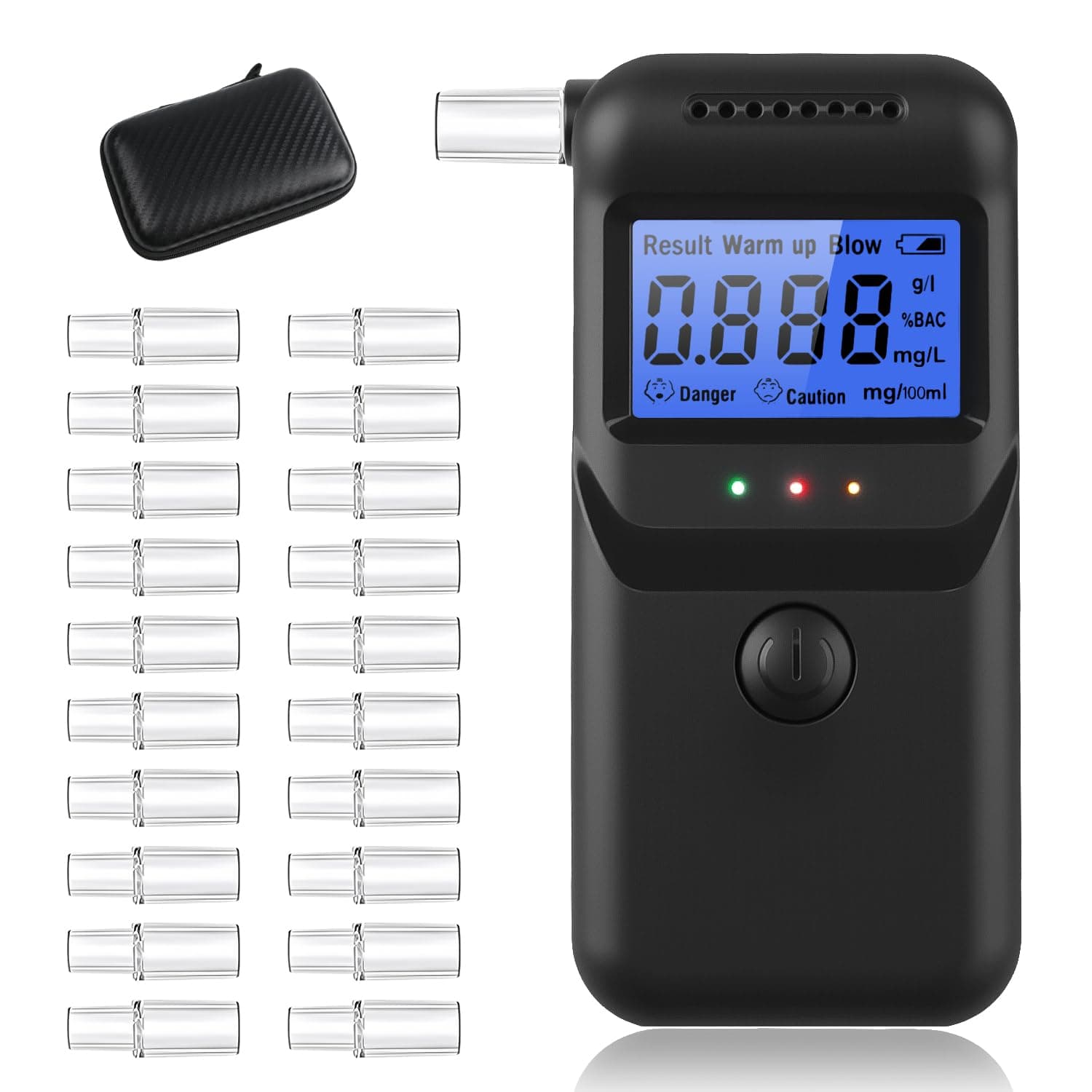 Vuxava Alkoholtester Digital Promillemessgerät mit LCD & 20 Mundstücken – Alkoholmessgerät für Zuhause & unterwegs inkl. Schwarze Kohlefaser Tragbare Tasche, tragbar & genau, wiederverwendbar