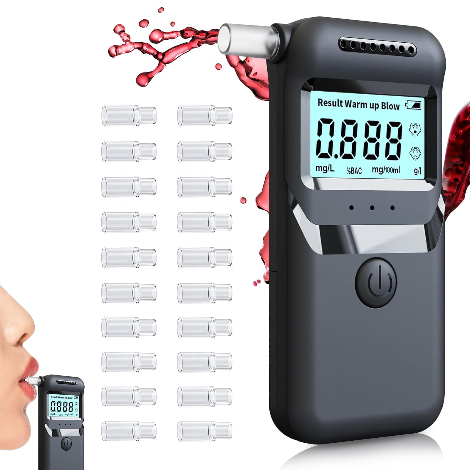 Alkoholtester, Professioneller Promillemessgerät mit 20 Mundstücken, Hochpräziser Persönlicher Alkoholmessgerät mit Digitalem LCD-Display für Schnelle und Genaue Ergebnisse, für Zuhause und Partys
