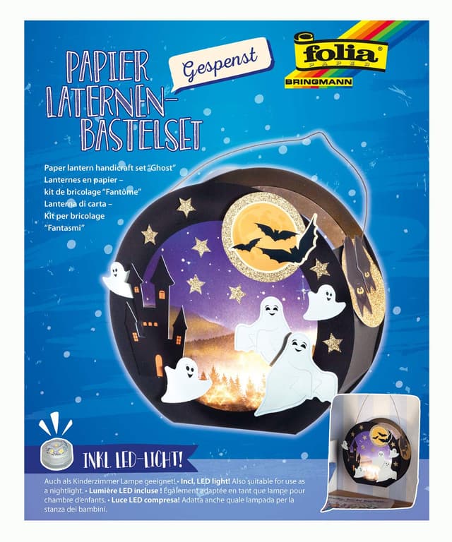 folia 68102 - Laternen - Bastelset, Gespenst, inklusive Laternenstab und LED-Licht, Medium