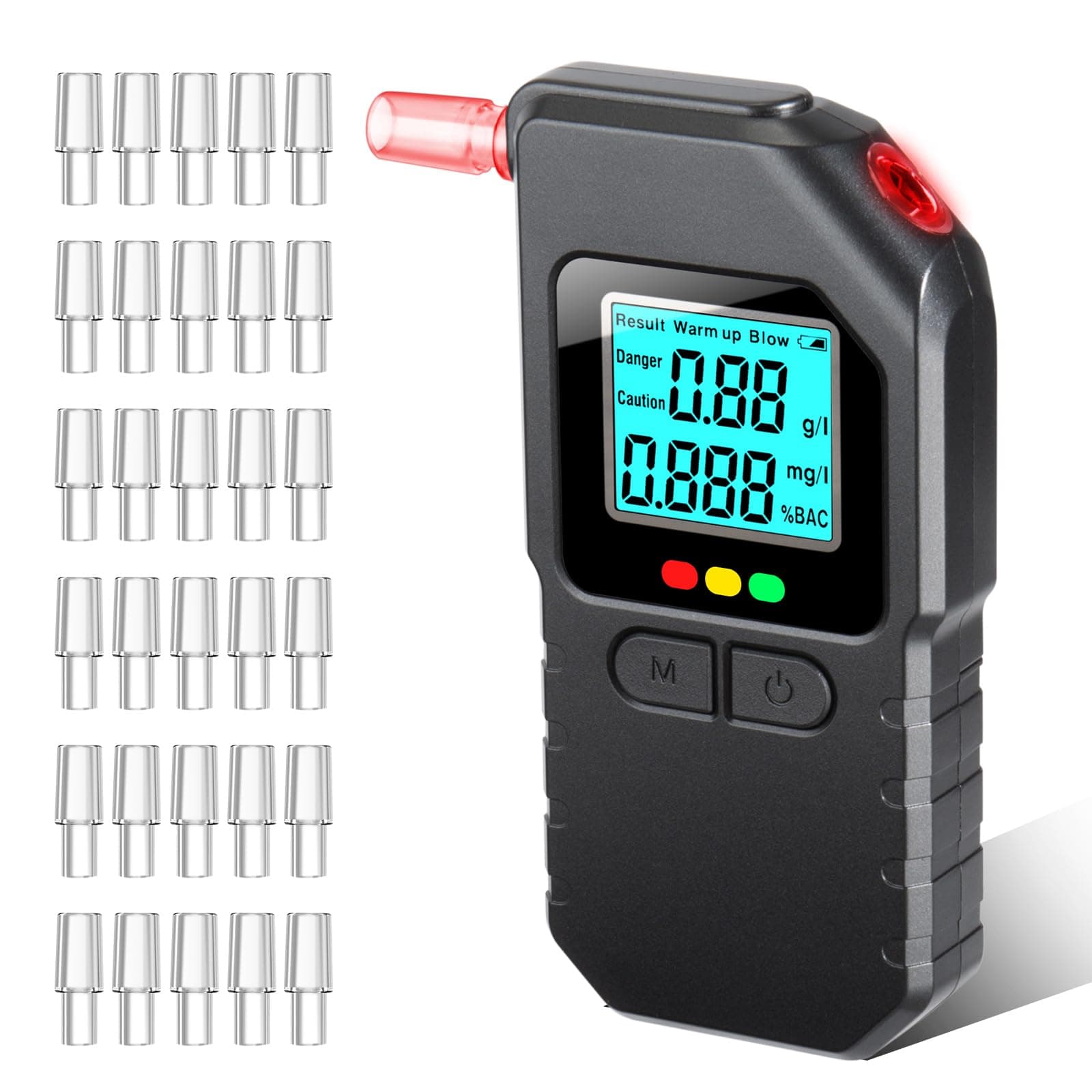 Alkoholtester Polizeigenau mit Zwei Sensoren, 30 Mundstücken, Professioneller Atemalkoholtester mit LCD-Digitalanzeige, Tragbarer Alkoholmessgerät für Den Persönlichen und Professionellen Gebrauc