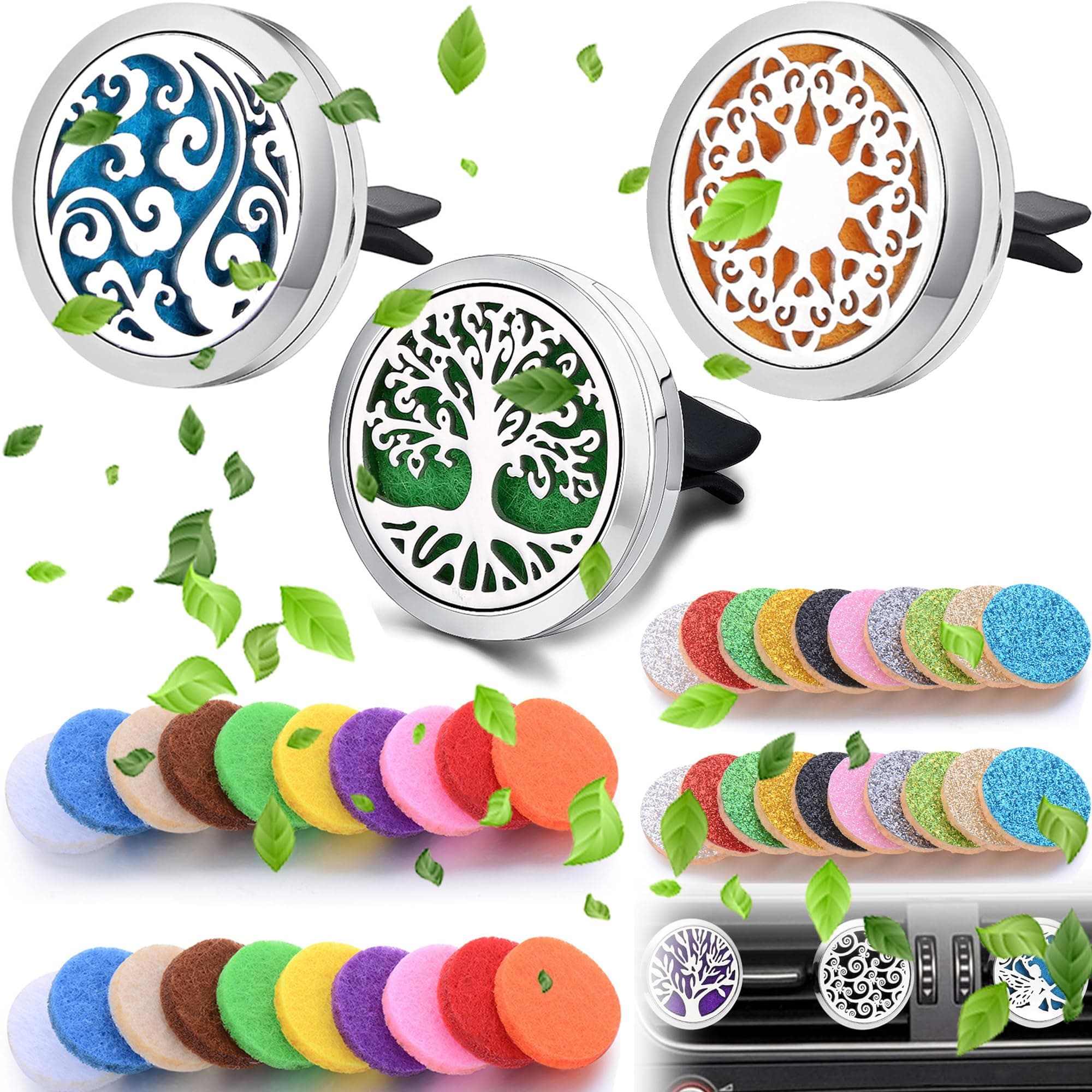 3 Stück Auto Aromatherapie Ätherisches Öl Diffusor, Edelstahl Lufterfrischer Vent Clip Medaillon für Auto, Auto Öl Diffusor Lufterfrischer, Auto Duft Lufterfrischer mit 40 Ersatz Filz Pad
