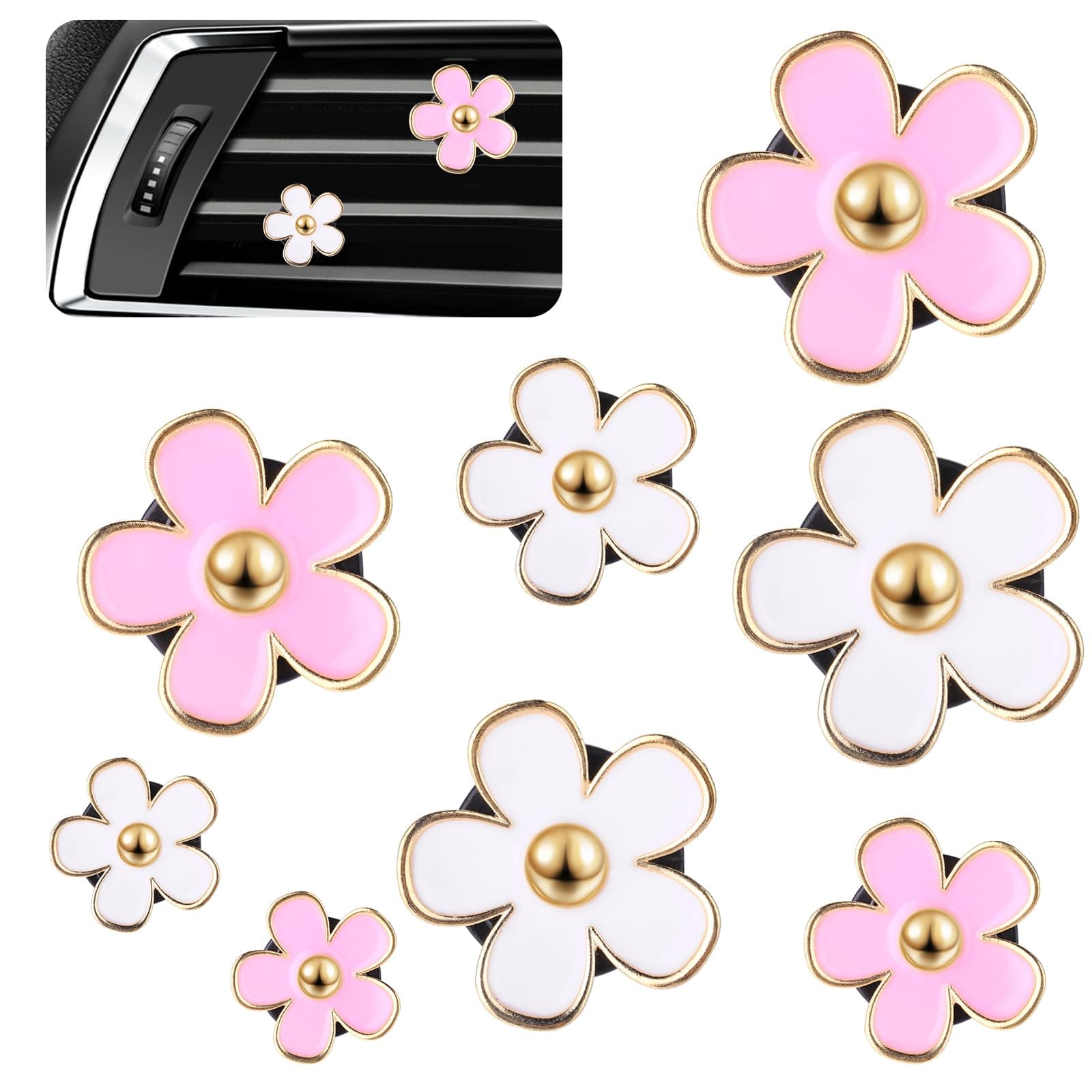 8 Stück Auto Zubehör Innenraum Frauen, Gänseblümchen Blumen Lufterfrischer Clip Auto Diffuser Deko Innendekorationszubehör Car Vent Clips für Wohnzimmer Büro (Rosa)