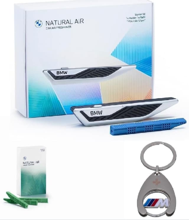 BMW Innenraumduft Set Natural Air Starter + Refill Forest Air + Schlüsselanhänger Einkaufschip Geschenkset Fan Geschenkidee