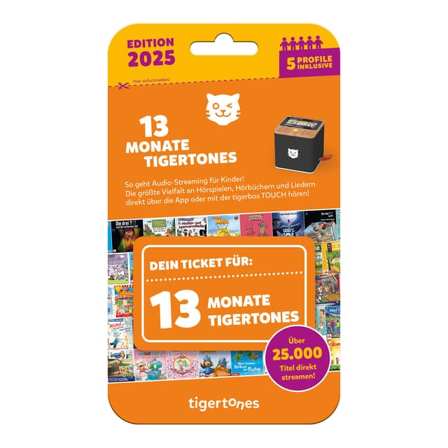 Tigermedia tigertones-Ticket NEU 13 Monate Streaming tigerbox Touch 25.000 Hörspiele Hörbuch Kindermusik mit 5 individuellen Profilen Geschenkidee Edition 2025 13 Monate