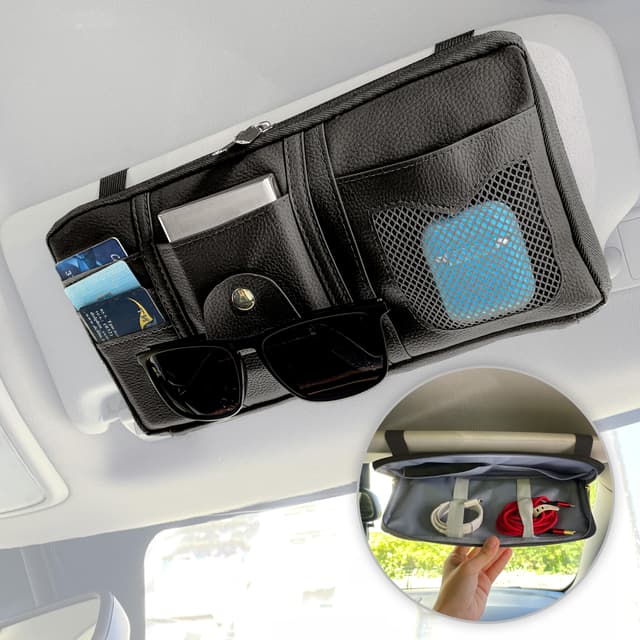 MyGadget Auto Sonnenblende Organizer aus Kunstleder - mit zusätzlicher Innentasche - PKW Innenraum Zubehör für Reise mit u.a. Brillenhalter - Schwarz 30 cm x 16 cm Schwarz