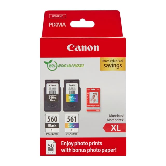 Canon Tinte & Papier Multipack - PG-560XL/CL-561XL Original Drucker Tintenpatronen 2er Pack (1 x Schwarz XL, 1 x Farbe XL druckerpatronen) & 4x6 Fotopapier (50 x Blatt) Neue Kartonverpackung 2024