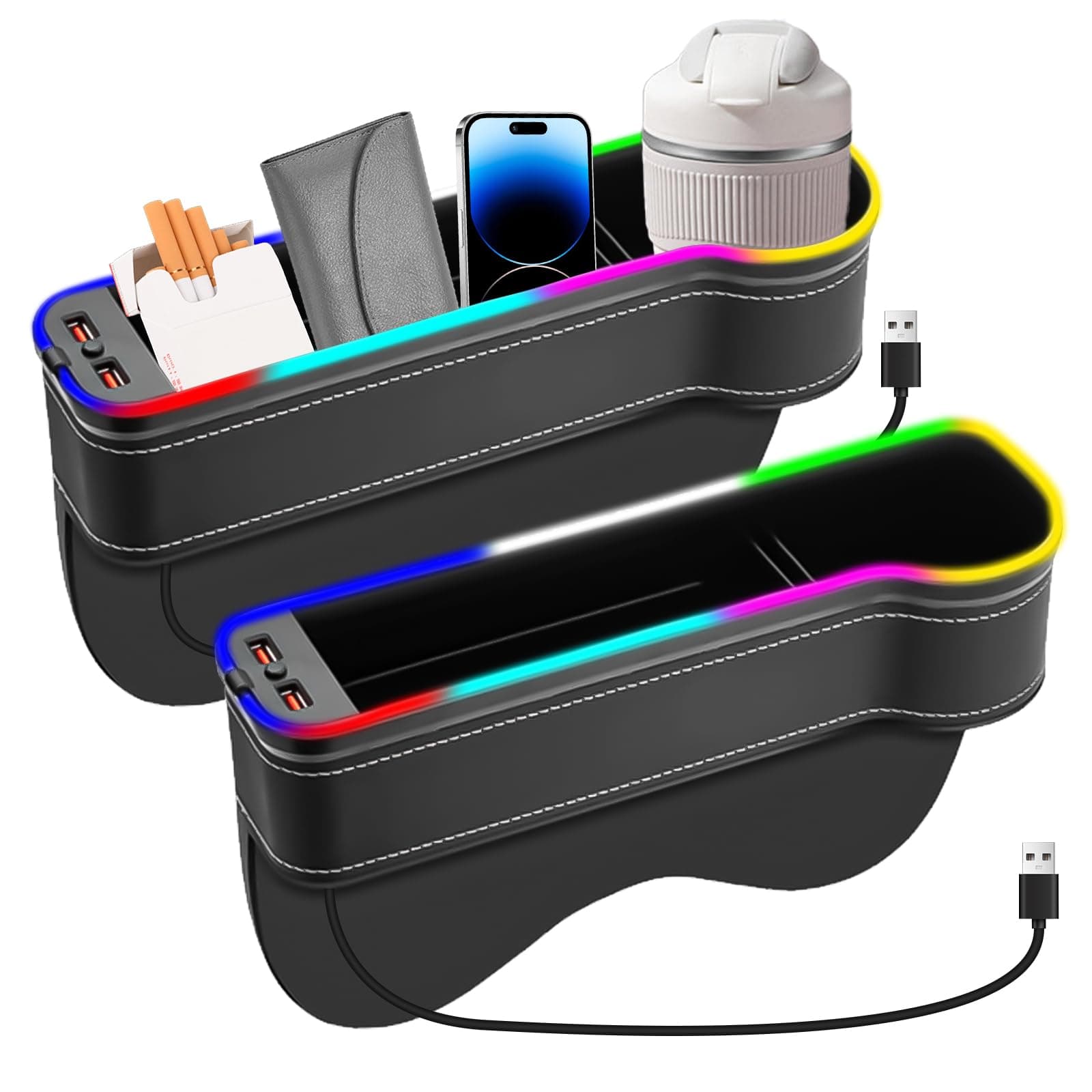 techextra 2 Stück Aufbewahrungsbox für Auto, Auto Organizer Vorne Mittelkonsole, Autositz Gap Organizer, Mittelkonsole Lückenfüller, mit Getränkehalter, 2 USB-Anschluss, 7-Farbigen Licht