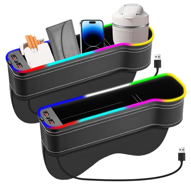 techextra 2 Stück Aufbewahrungsbox für Auto, Auto Organizer Vorne Mittelkonsole, Autositz Gap Organizer, Mittelkonsole Lückenfüller, mit Getränkehalter, 2 USB-Anschluss, 7-Farbigen Licht