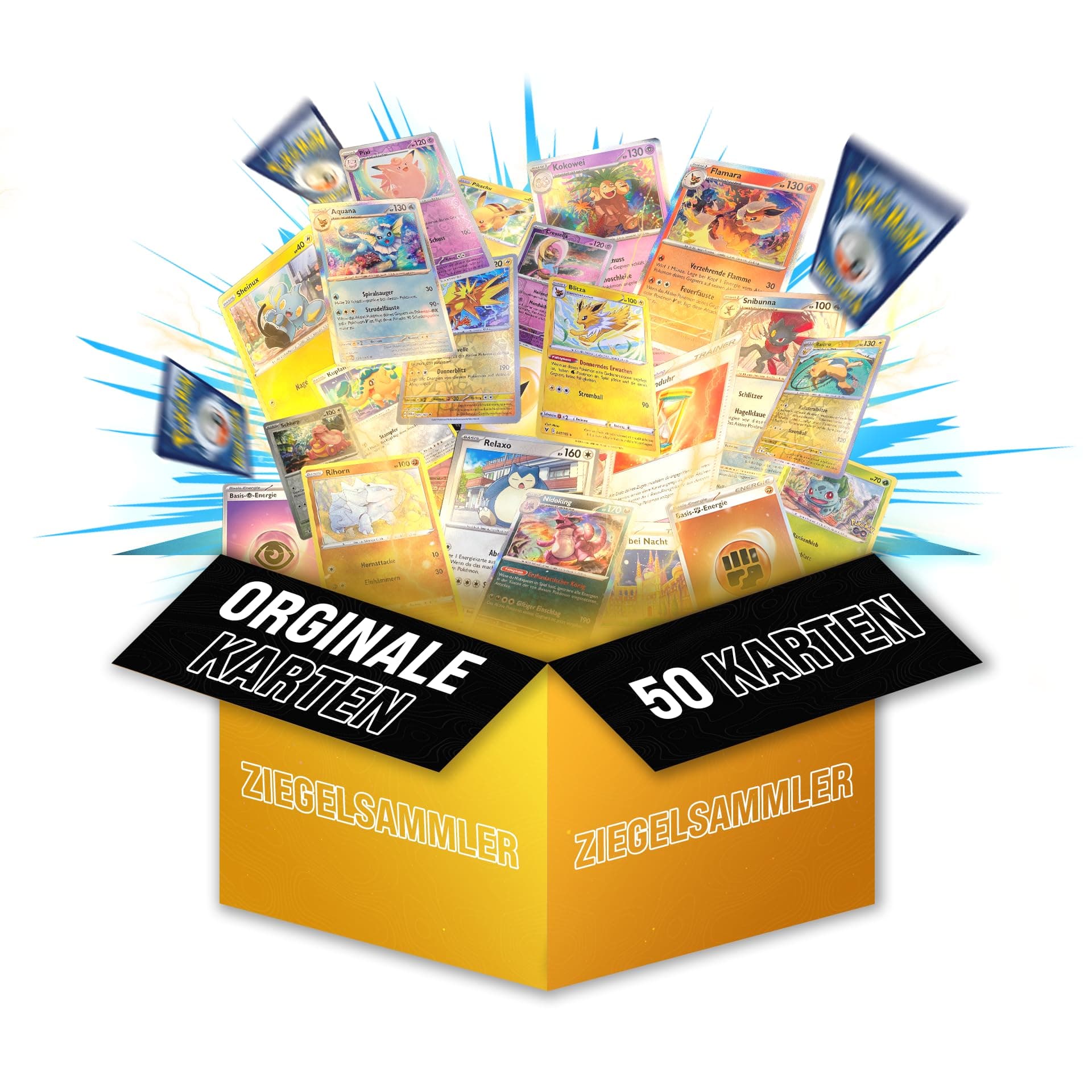 Ziegelsammler Pokemon Karten Set Deutsch – 50 Originale Sammelkarten, 2 Holo & 3 Reverse Holo Karten, Keine Doppelten, Weihnachten oder Ostern für Kinder, Sammler & Fans