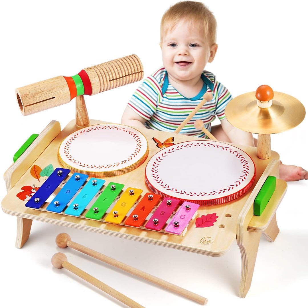 Sweet time Kinder Trommel Set, Musikinstrumente Kinder Set Musik Kinderspielzeug mit Xylophon, Holz Spielzeug Baby Musikspielzeug Montessori Lernspielzeug Schlagzeug für Kleinkinder Jungen Mädchen Angebot bei HelloDeals