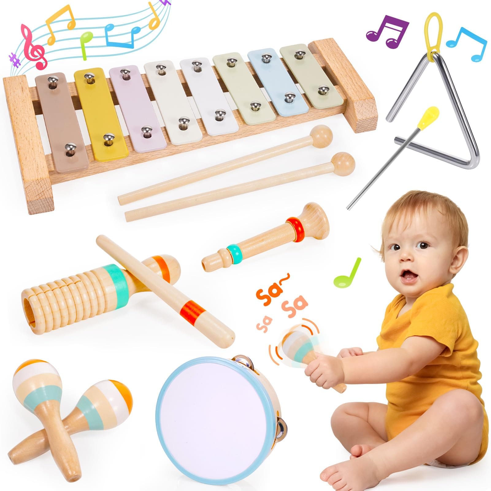 iKidiki Musikinstrumente für Kinderspielzeug ab 1 2 3 Jahre, Holzspielzeug ab 1 2 3 Jahr Kleinkind-Musikinstrumente Montessori Instrumente Trommel Musikspielzeug Geschenk für Kinder Angebot bei HelloDeals